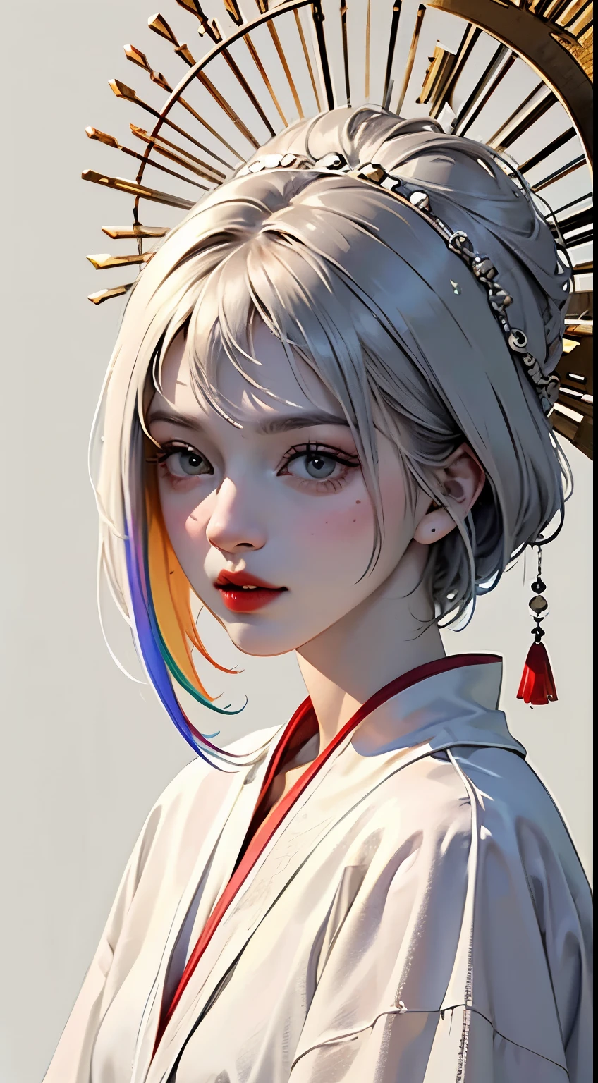 Realistic,(masterpiece,top quality,best quality,official art,beautiful:1.2), extremely detailed,fractal art,colorful,highest detail,Zen entanglement,(abstract background:1.5), (1boy:1.3),(bird),silver hair,Bright Eyes,comb hair back,short hair,black robe,
