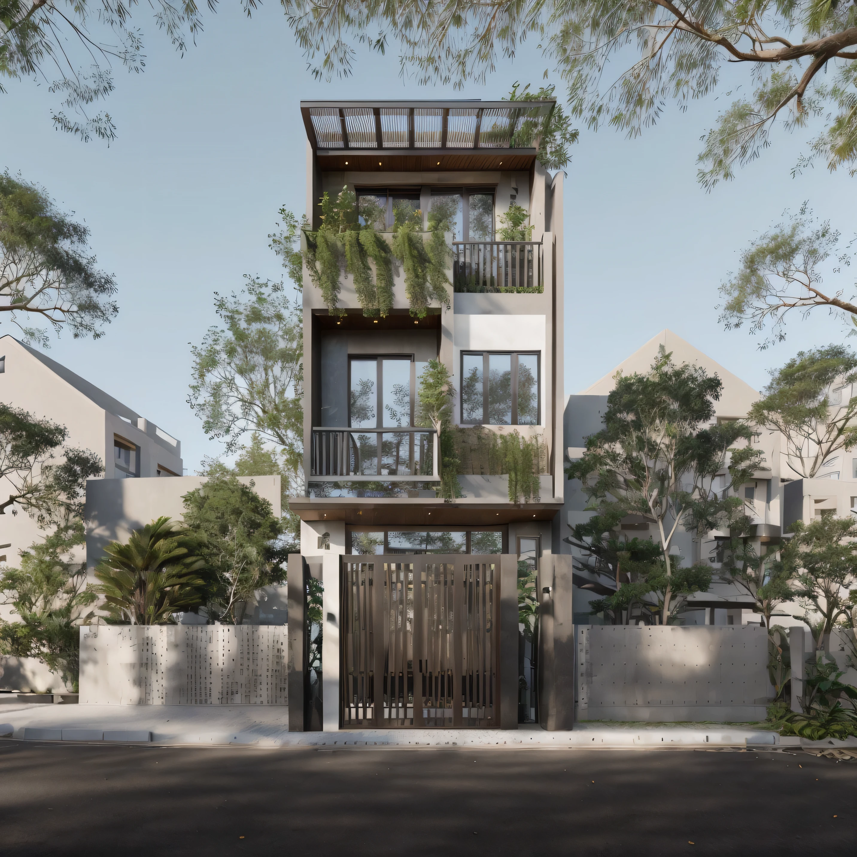 Townhouse in city, (sharp focus) front view of townhouse in style of modern, Vietnamese architecture, east asian architecture, town, blue sky, daylight, warm light, warm atmosphere, high Resolution, 8k, hdr, vray render, hyper realistic, ultra detail, hyper detailed, exterior design  professional photography, exterior photography, wide-angle shot, real world location, road sign, cityscape, pavement, (brown wooden ceilings, ceiling light, glass bancony, the front wall of the ground floor is made by black granite), (bancony have many trees, plans, ivy, palm)