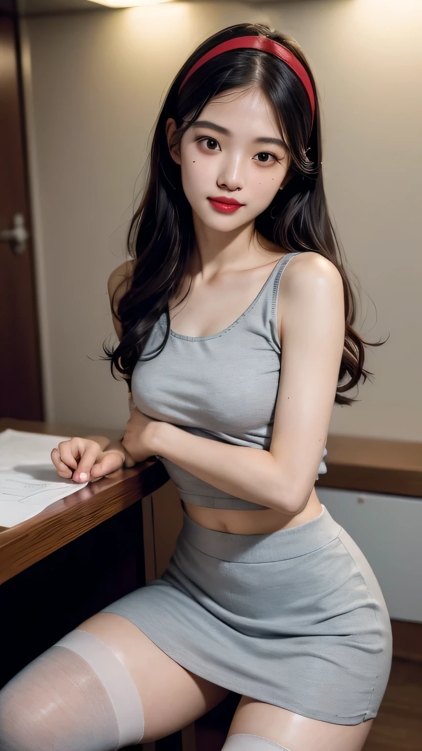 (((whole body,including legs)))、(((female office worker、OL、female office worker、small smile、Gray tight vest)))、(((Horseshoe-shaped headband)))、Sexy,formal ,High heel、dress up、(Photos are real:1.4)、(surreal:1.4)、(lifelike:1.3)、 (soft light: 1.05)、(Improve video lighting quality:0.9)、32k、 1 girl、25 year old girl、lifelike的灯光、backlight、Menko、Ray tracing、(bright:1.2)、(Quality improvement:1.4)、 (Best quality real textured skin)、fair eyes,The face is delicate and delicate、 (tired, sleepy and content : 0.0), face close-up,Gray tight vest,tight gray shirt [Button gap :1.2],very tight shirt ,((([see through shirt:1.5]))), Gray midi skirt , ((grey socks)),(Improvement in physical mood:1.1)、shiny skin、curls、korean idol、nogizaka idol、sculpture idol pose、small smile,blush,beautiful actress、neat woman,whole body, big breasts,(perfect dentition),Slim waist and hips,Beautiful long legs,(panoramic)、((8 heads high)、(((feed、embarrassing)))、Random dynamic pose,(eye shadow),(red cheeks、red lips),(Super clean night view、night)、blush,small smile,(((panoramic)))、(Open your legs slightly),(((in a crowded night train)))