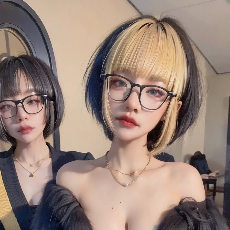 Fubuki\,1 girl,chest,Fubuki \(One Punchman\),decorations,alone,necklace,rift,fur coat,set,pearl necklace,short hair highlights,Golden blonde hair color highlights,((Bangs)),black eyes,glasses,กรอบแว่นblack eyes,smooth,put on makeup,lips,lipstick,coat,blunt smooth,black set,long sleeve,jacket,best quality,Masterpiece,illustration,Delicate and extremely beautiful,CG,unity,8K wallpaper,miraculous,exquisite details,Masterpiece,official art,very detailed CG unity 8K wallpaper,Incredibly nonsense.,large file size,very detailed,height,very detailed,,realistic,,