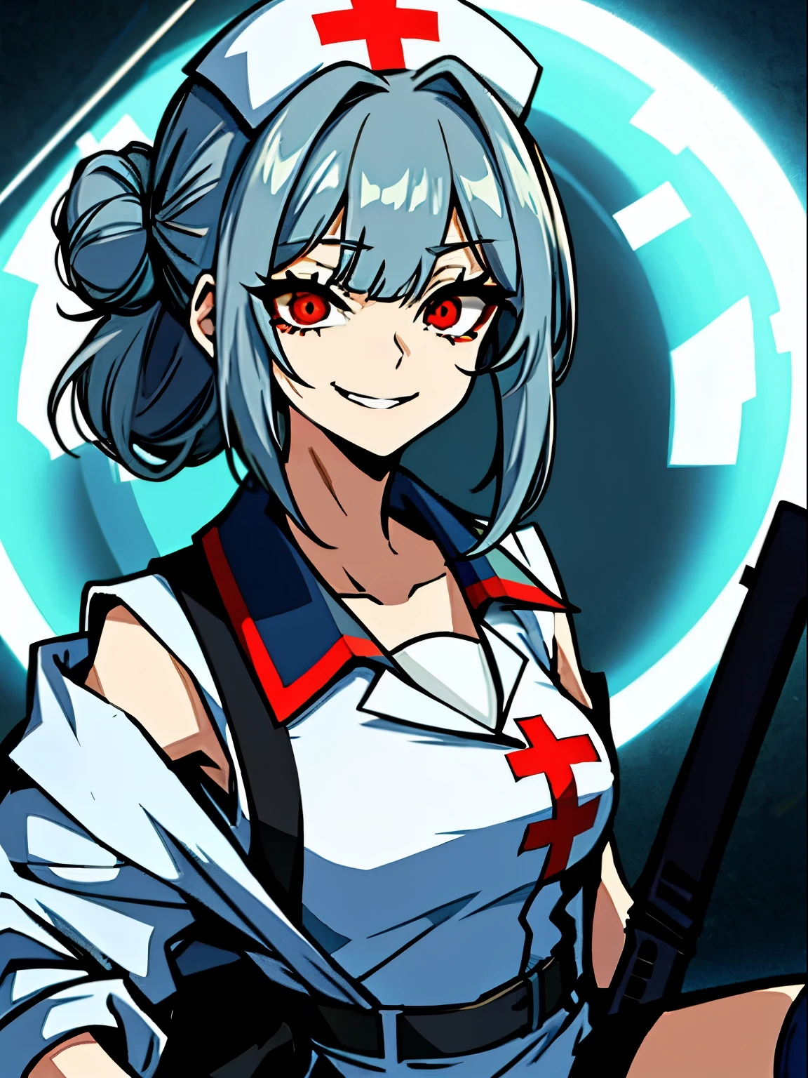 (1girl, solo:1) (masterpiece, best quality:1), ultra-detailed, dark grey hair, red eyes, tied hair, hair bun, nurse headwear, (asymmetrical fringe, asymmetrical pupils, asymmetrical clothes:1), (lab coat, lab coat falling over one shoulder open lab coat:1), white apron, nurse shirt, light blue gloves, dark blue pants, black boots, drugged, crazy smile, (Uneven Eyes / Crazy Eyes / Evil Expression:0.5)