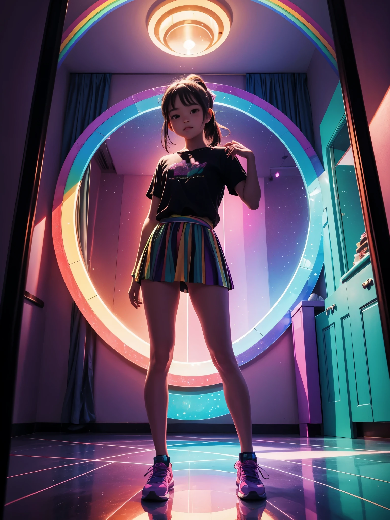 a girl is posing cute in the room of mirrors, intricately reflecting rainbow-colored light, full body