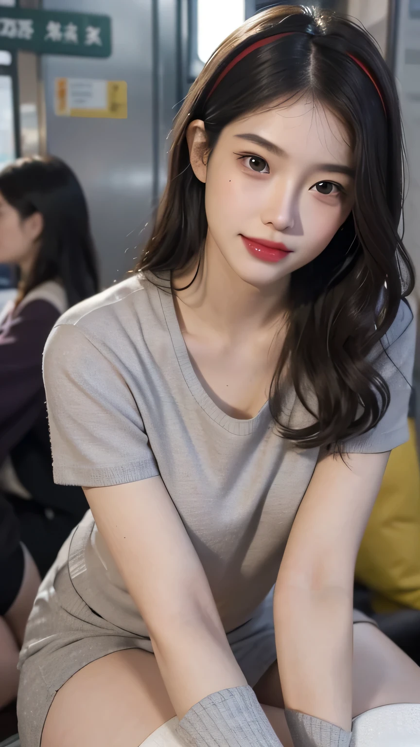 (((whole body,including legs)))、(((female office worker、OL、female office worker、small smile、Professional attire)))、(((Horseshoe-shaped headband)))、Sexy,formal ,High heel、dress up、(Photos are real:1.4)、(surreal:1.4)、(lifelike:1.3)、 (soft light: 1.05)、(Improve video lighting quality:0.9)、32k、 1 girl、25 year old girl、lifelike的灯光、backlight、Menko、Ray tracing、(bright:1.2)、(Quality improvement:1.4)、 (Best quality real textured skin)、fair eyes,The face is delicate and delicate、 (tired, sleepy and content : 0.0), face close-up,Professional attire， [Button gap :1.2],very tight shirt , ((grey socks)),(Improvement in physical mood:1.1)、shiny skin、curls、korean idol、nogizaka idol、sculpture idol pose、small smile,blush,beautiful actress、neat woman,whole body, big breasts,(perfect dentition),Slim waist and hips,Beautiful long legs,(panoramic)、((8 heads high)、(((feed、embarrassing)))、Random dynamic pose,(eye shadow),(red cheeks、red lips),(Super clean night view、night)、blush,small smile,(((panoramic)))、(Open your legs slightly),(((in a crowded night train)))