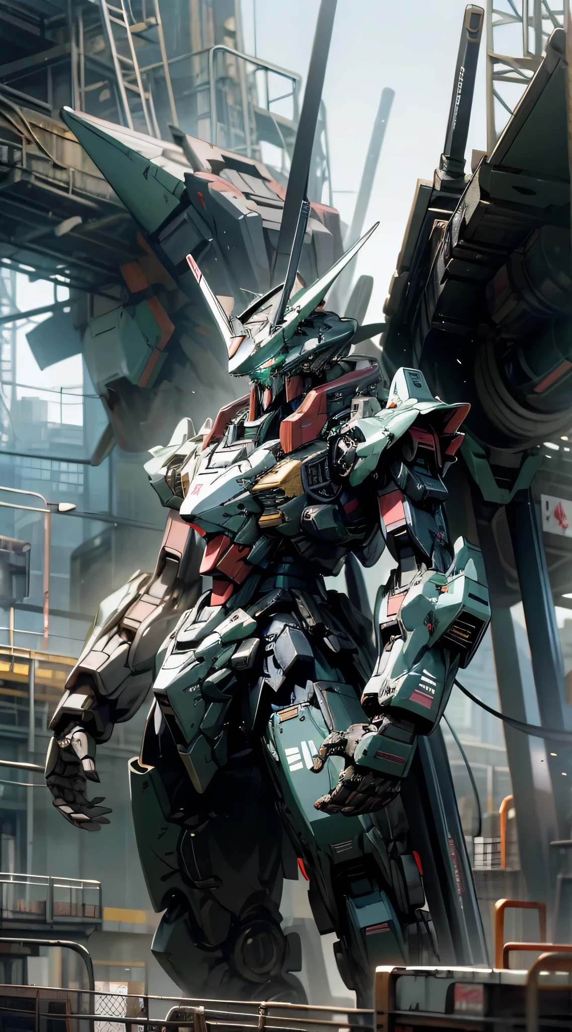 Close-up of robot standing on city platform, anime large mecha robot, modern mecha anime, anime mecha aesthetic, mecha anime, cool mecha style, giant anime mecha, Black color mecha, Mobile Suit, armored core style mecha, Gundam Robot, japanese mecha, gundam style, Giant robots, Mecha warrior,droid, best qualtiy, highly detailed, ultra - detailed, tmasterpiece, 8k wallpaper, White theme, Green eyes, Bad anatomy, absurderes, A high resolution, super fine illustrations, absurderes, solo, Game CG, suzerain,is in night, (rays of black light:1), (Detailed beautiful face and eyes:1), command spell, Mecha Musum, Maskechanicalparts, robotjoints, full armour