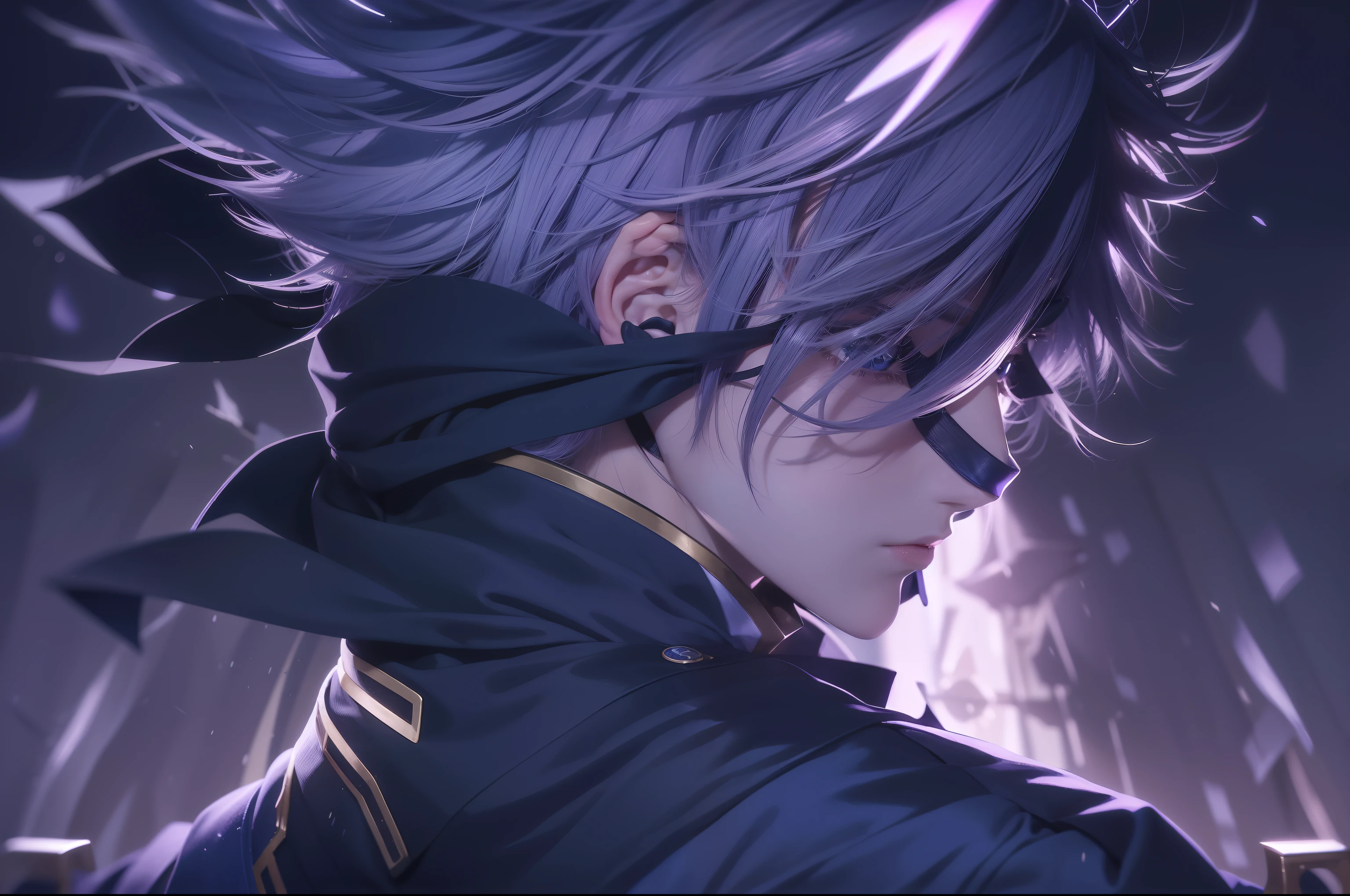 1male, goju Satoru, anime style, dark blue clothes, dark blue blindfold, purple and white hairs, epic background, 8K resolution, extremely detailed, best quality, masterpiece collection, Japanese anime, Gege Akutami
