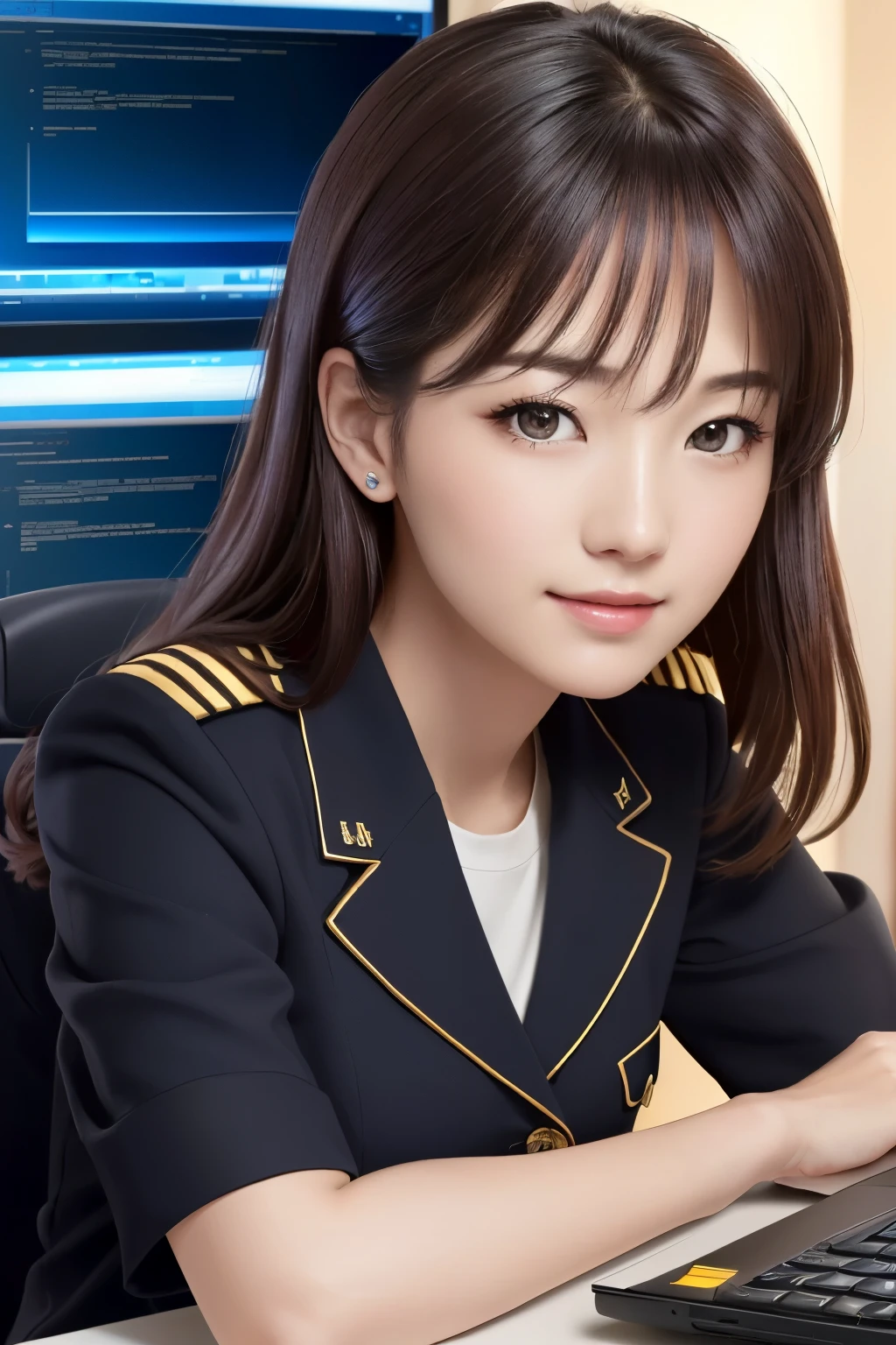 disorganized, 1 girl, star eye, blush, (realistic:1.5), (masterpiece, Highly detailed CG uniform 8k wallpaper, best quality, High resolution:1.2), (ultra_be familiar with, UHD:1.2), (pixiv:1.3), perfect lighting, clear, (baby:1.2), viewer, unreal engine, side light, perfect face, be familiar with顔, beautiful eyes, cute face, (white skin:1.3), Idol, Ulchan-6500-v1.1, gentle smile, (Black redhead), (simple background), ((dark background)), (Depth of the bounds written), I'm working at a machine with a laptop. (machine), (monitor), (keyboard), (Note).