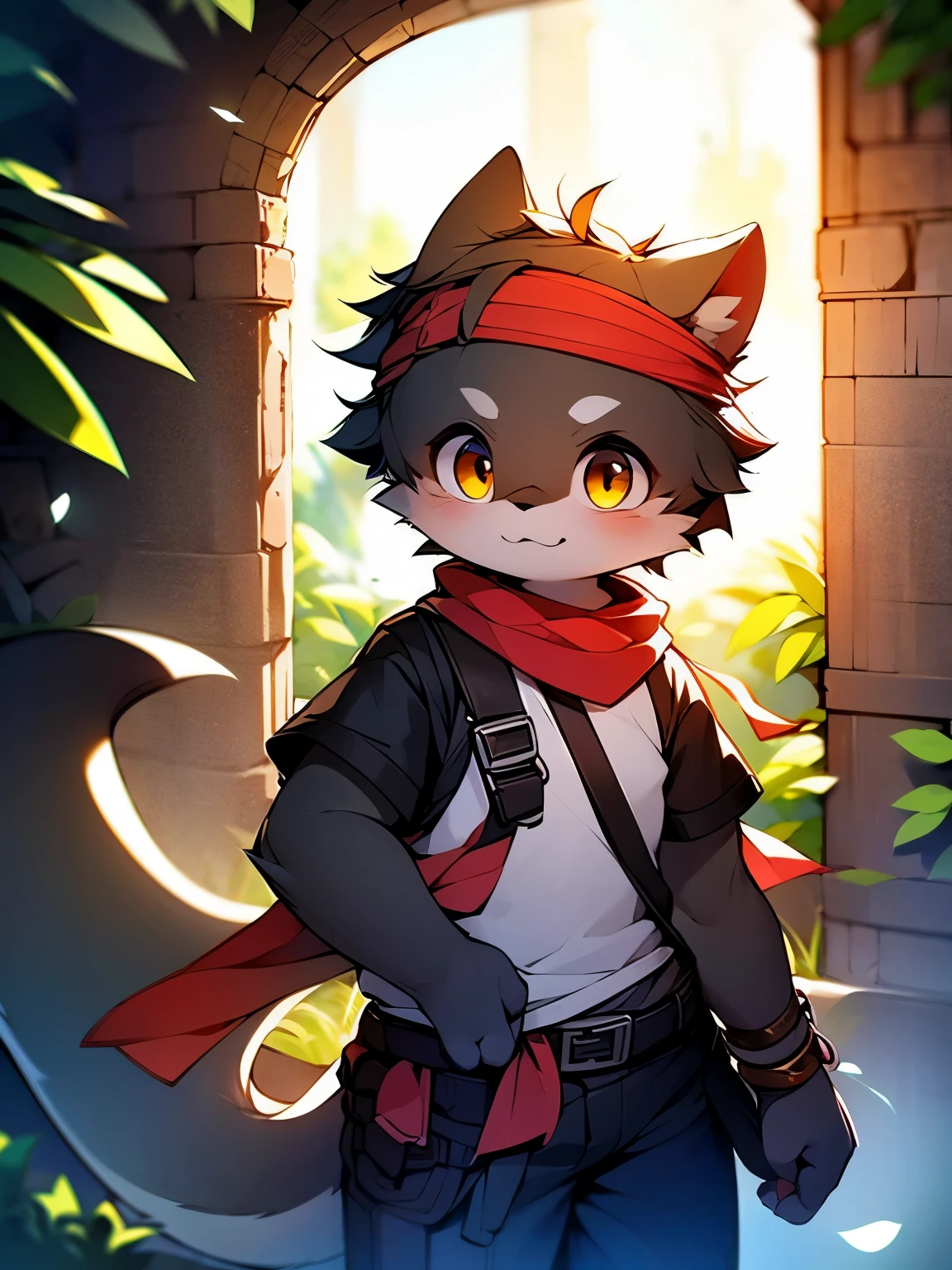 a picture,alone,strong,warrior,male,youth,black dragon,red scarf,White cloth armor,brown adventurer pants,headband,Metal wristband,Metal shin guards,golden eyes,black belt,Explore ruins,confident expression,Determined gaze,bright and lively eyes(A masterpiece)(high quality)(clear structure)(Extremely detailed background)(extremelydetailedcharacter),Explore the dungeon