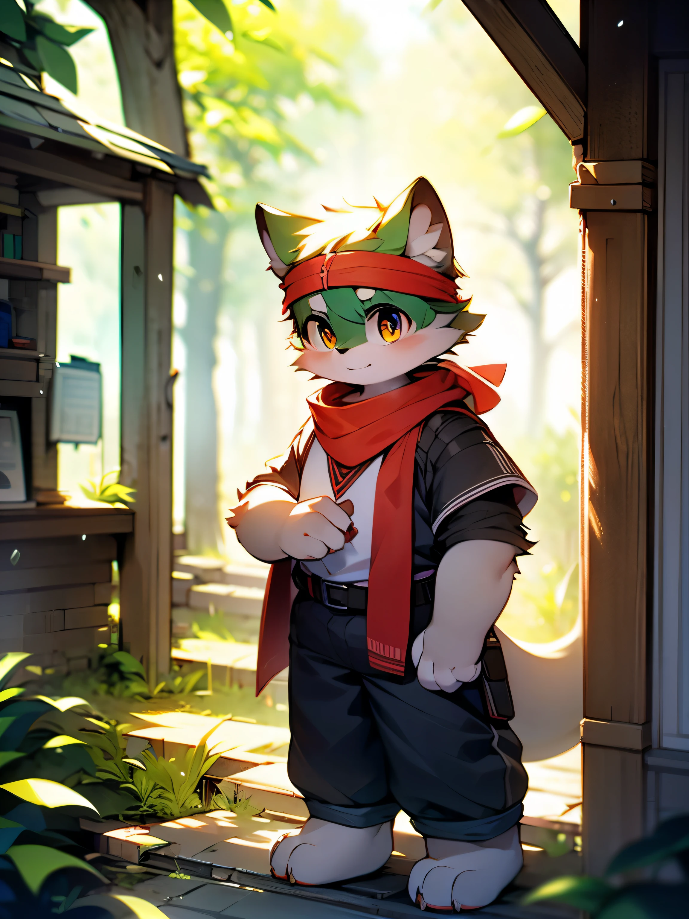 photo,alone,Strong,warrior,adventurer,male,golden dragon,red scarf,white cloth armor,brown work pants,scarf,Metal wristband,metal shin guards,golden eyes,black belt,Plush tail,Plush paw,Explore the ruins,confident expression,Determined gaze,bright and vibrant eyes(masterpiece)(high quality)(clear structure)(extremely detailed background)(extremely detailed characters),whole body,Explore the dungeon,stand