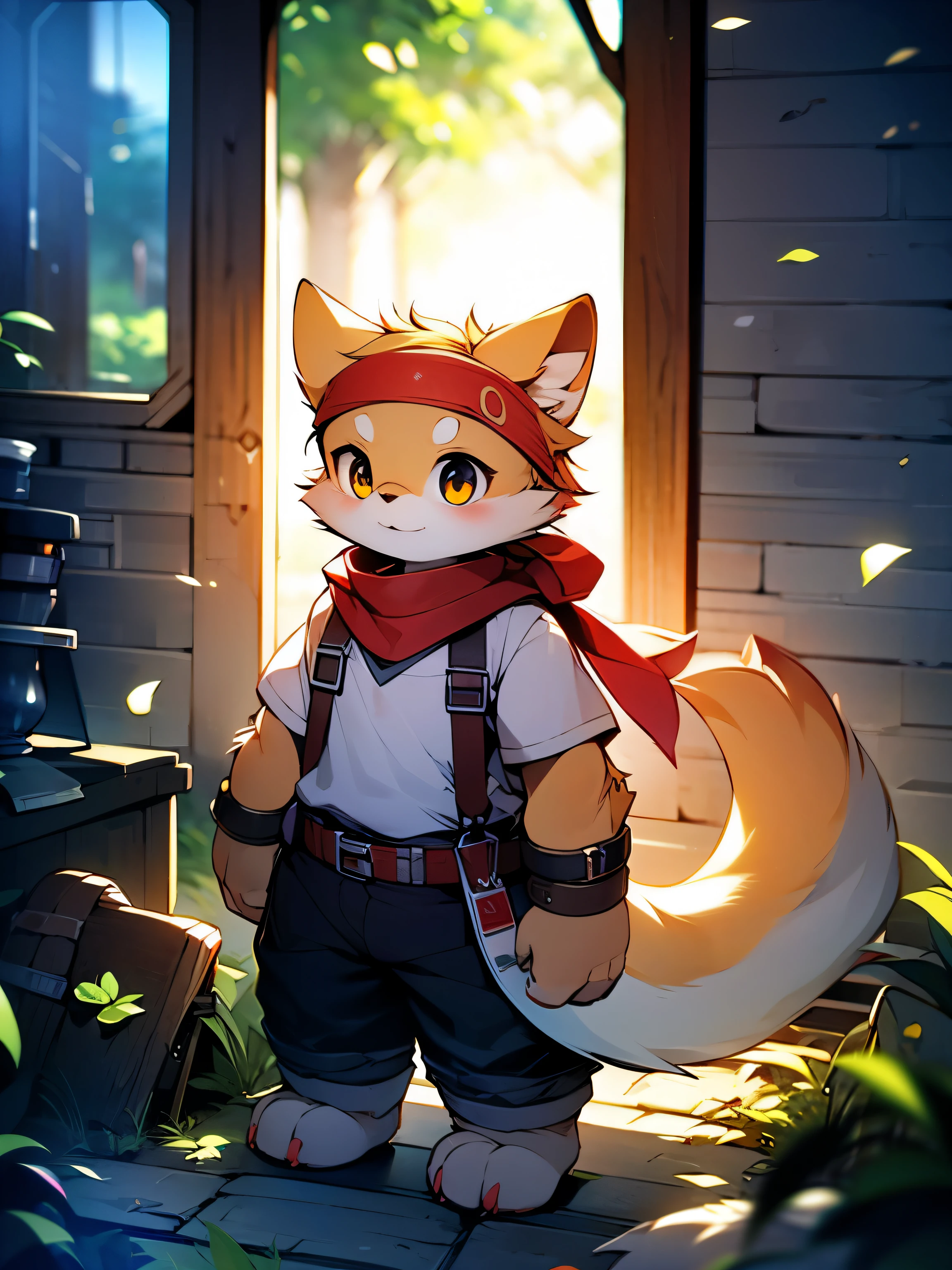 photo，alone，Strong，warrior，adventurer，male，golden dragon，red scarf，white cloth armor，brown work pants，scarf，Metal wristband，metal shin guards，golden eyes，black belt，Plush tail，Plush paw，Explore the ruins，confident expression，Determined gaze，bright and vibrant eyes（masterpiece）（high quality）（clear structure）（extremely detailed background）（extremely detailed characters），whole body，Explore the dungeon，stand