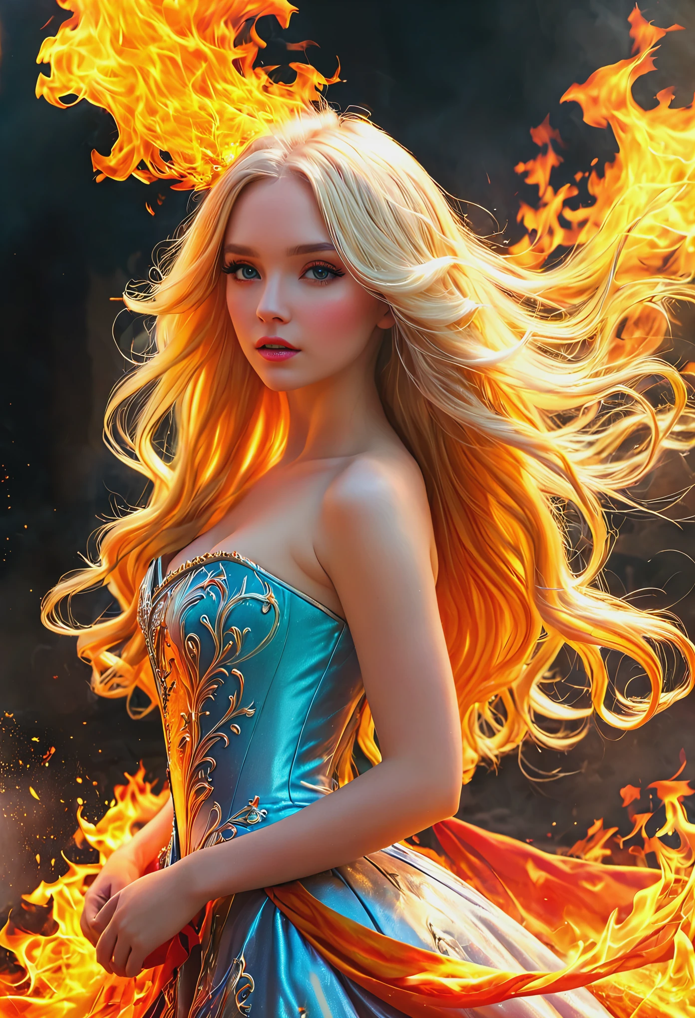 blonde with long hair in a princess outfit full-length engulfed in fire