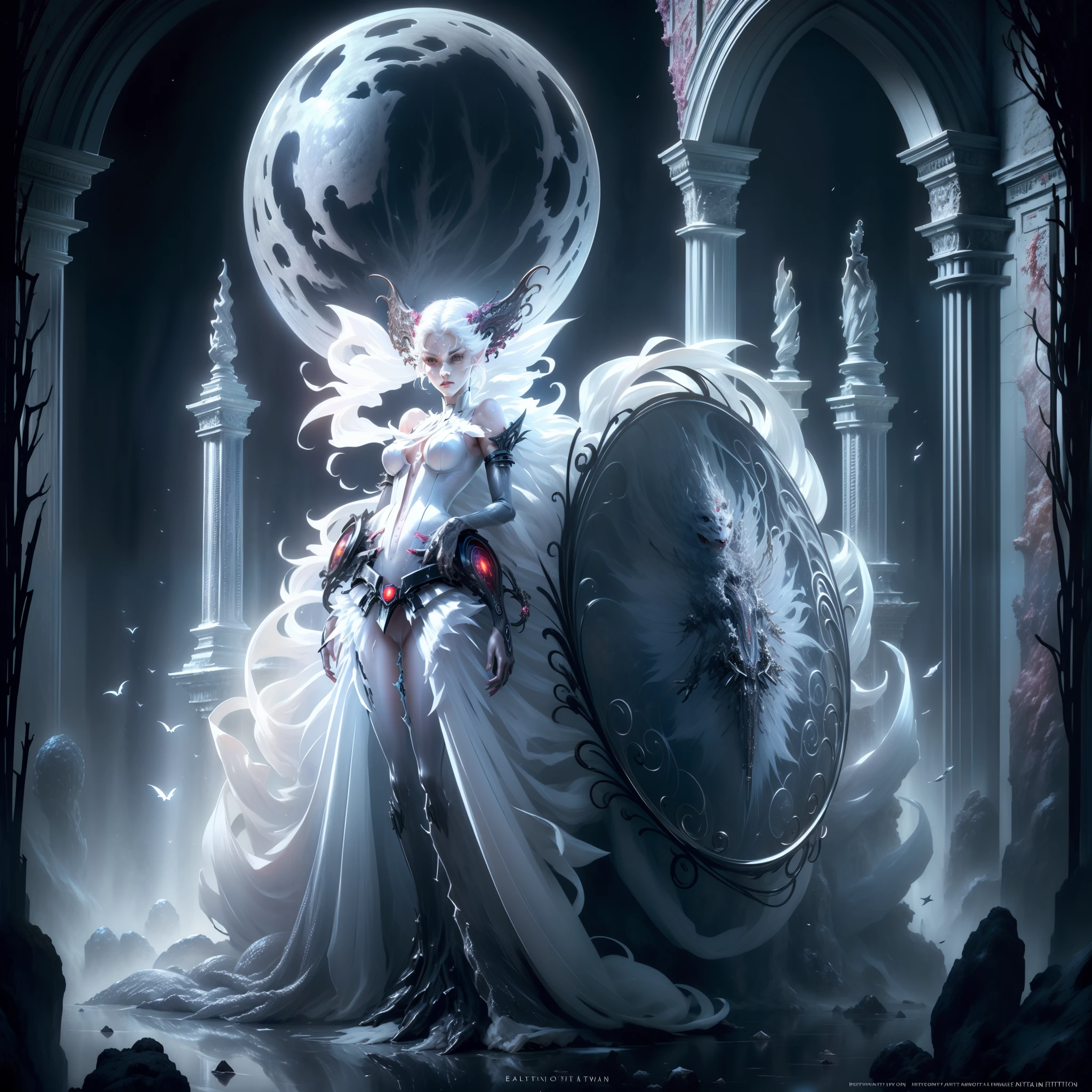 Incredibly detailed photo of a beautiful vampire alien woman, renaissance, long white hair, intricate white eyes, kind, ethereal, very detailed, 32K resolution, dynamic lighting, covered navel, very detailed, detailed in nature, art station trends, white luxury suit, volumetric lighting, balenciaga style, under the moonlight、stand fully in front of the castle