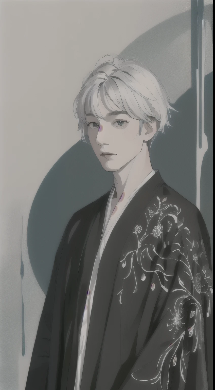 Realistic，（masterpiece，top quality，best quality，official art，beautiful：1.2）， extremely detailed，fractal art，colorful，highest detail，Zen entanglement，（abstract background：1.5）， （1boy：1.3），（bird），silver hair，Bright Eyes，comb hair back，short hair，black robe，
