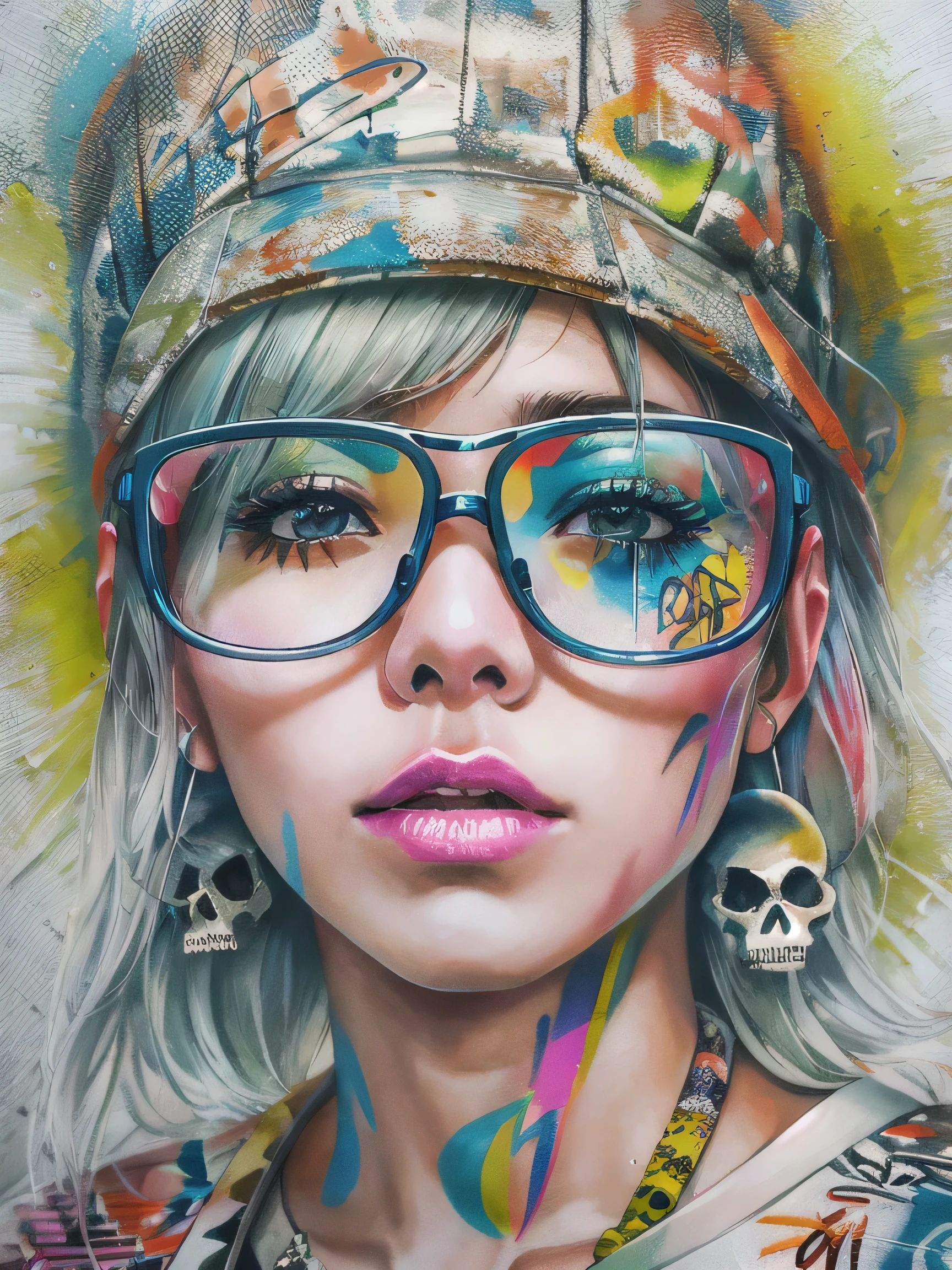 8K quality, watercolor painting, stylish design, (((The strongest beautiful girl of all time))), (((Japanese)))、Idol、clear, stylish glasses, Fashionable hats, (((highest quality))), bob hair, Place your hands on the wall, HDR, ((Detailed details)), (((skull fashion))), detailed clothing texture, (((graffiti art))), colorful hair, ((masterpiece))、((Super detailed))
