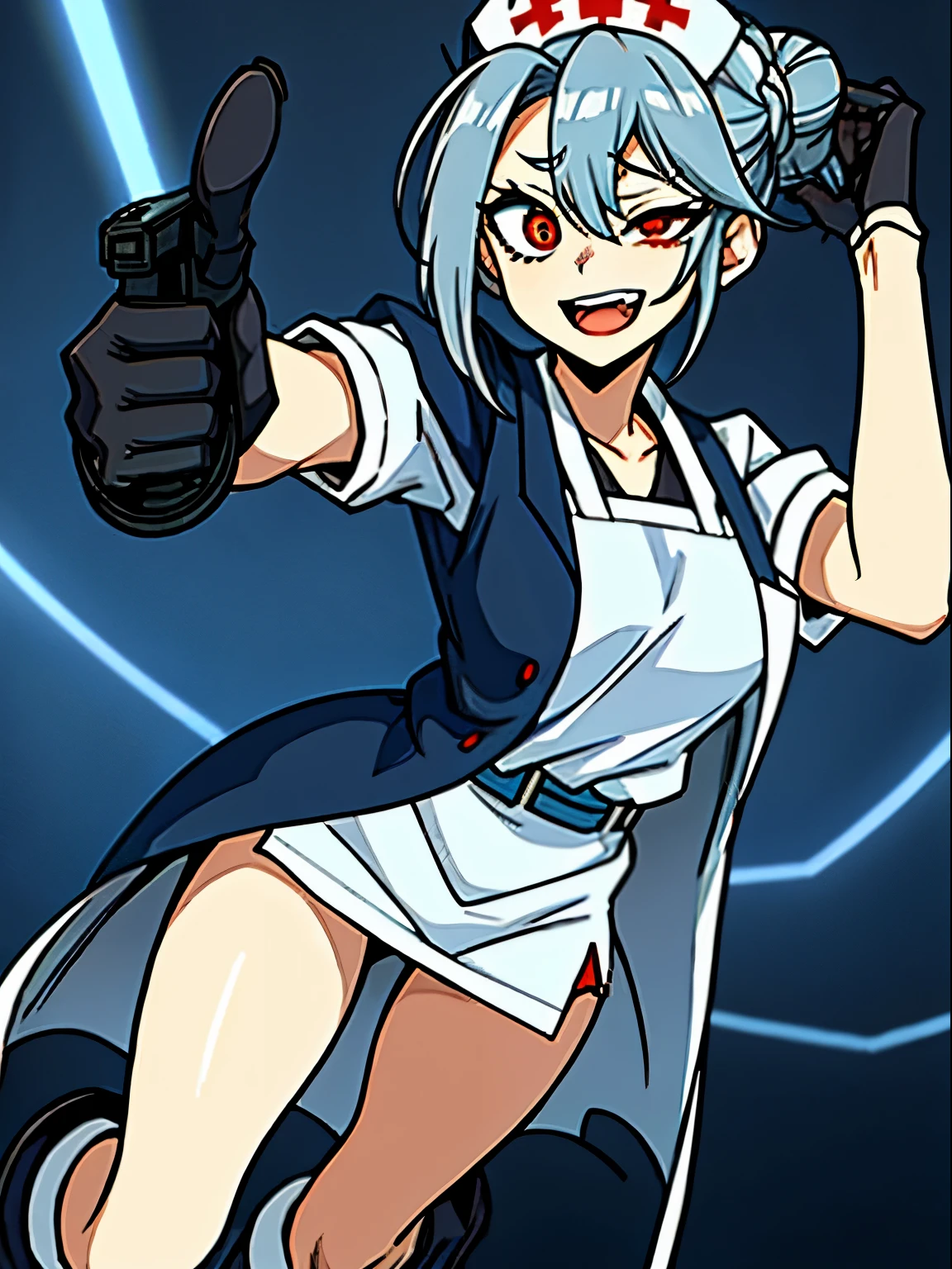 (1girl, solo:1) (masterpiece, best quality:1), ultra-detailed, dark grey hair, red eyes, tied hair, hair bun, nurse headwear, (asymmetrical fringe, asymmetrical pupils, asymmetrical clothes:1), (lab coat, lab coat falling over one shoulder open lab coat:1), white apron, nurse shirt, light blue gloves, dark blue pants, black boots, drugged, open mouth, smile, (Uneven Eyes / Crazy Eyes / Evil Expression:0.7)