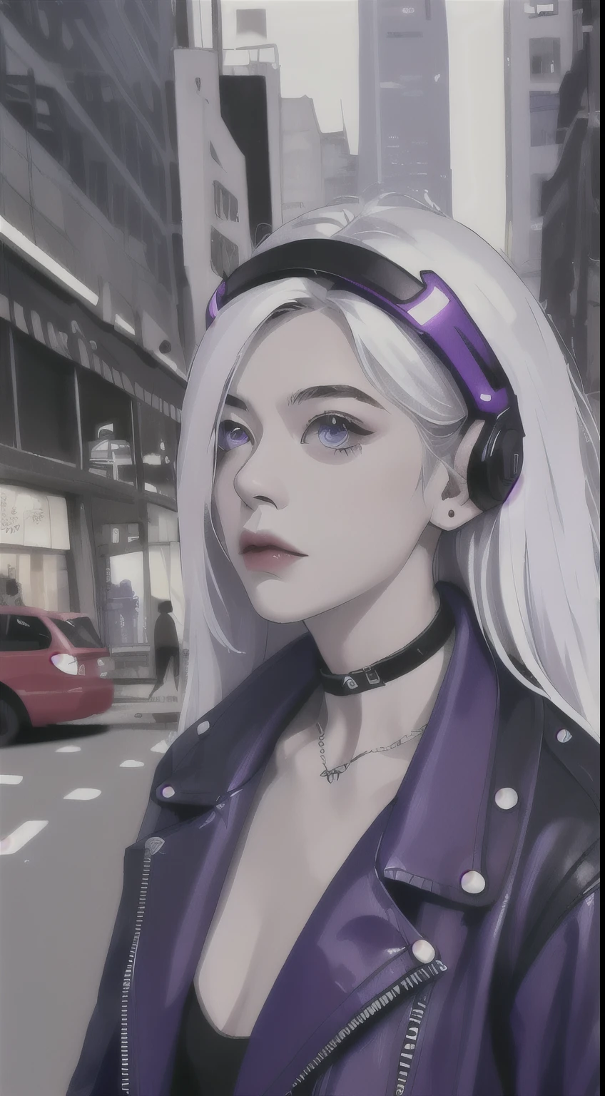 1girl, white hair, long hair, techwear masterpiece, bestquality, realistic, realism, dark purple jacket, portrait, detailed eyes, wearing headset, platinum hair, 21 year old girl, fashion pose, half body, wide shoot, on the street, cyberpunk