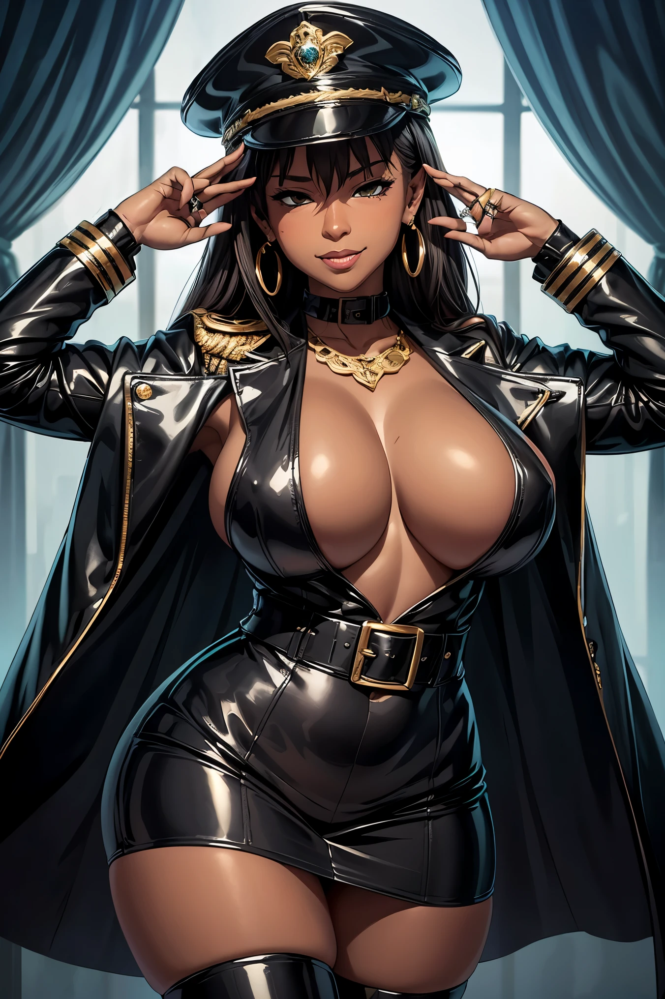 2girls, couple, bangs, salute, hand on hip, gold earrings, large breasts, jewelry, military cap, (military uniform), (epaulette), jacket, harness, thigh strap, black thigh boots, (pencil skirt), miniskirt, corruption, (dark-skinned female, dark skin:1.3), empty eyes, half-closed eyes, evil smile, no pupils, smirk, ((milf)), mature female, married woman, (dark theme:1.2), dark persona, gigantic hanging breasts, skindentation, chubby, voluptuous, thick thighs, wide hips, from the front, (chromatic aberration, intricate details), dynamic angle