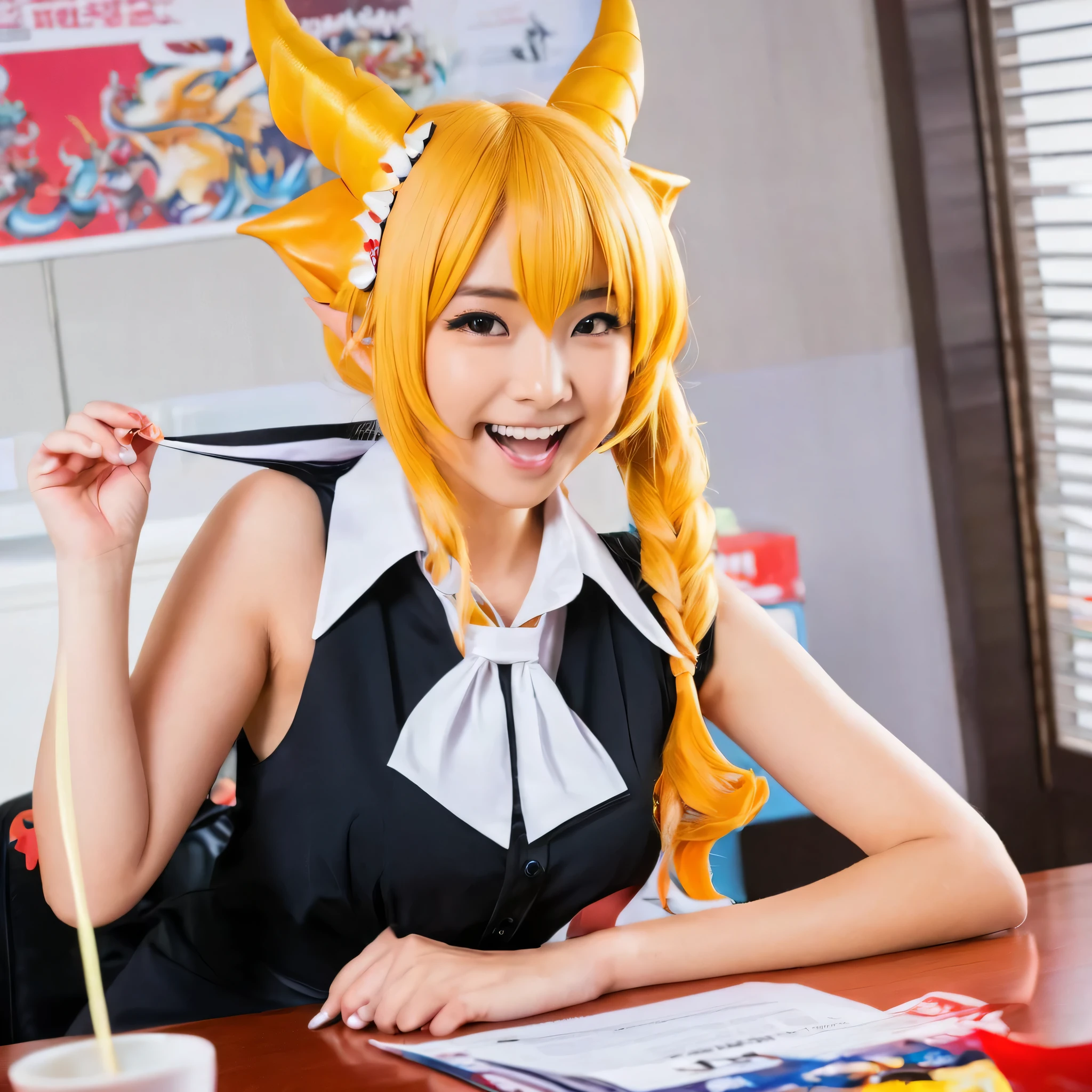 Boat, Hello, short twin tails, Horn, bright pupils, Ahoge, pointy ears, (dragon tail:1.1), collared dress, sleeveless dress, tie, small breasts, (point to the viewer:1.035), Break the laughter, cover your mouth, please put your hand on your mouth, sharp teeth, (smug:1.2), :d, open your mouth, , indoors, office, sitting on the desk, Have food, (bag of chips:0.7),