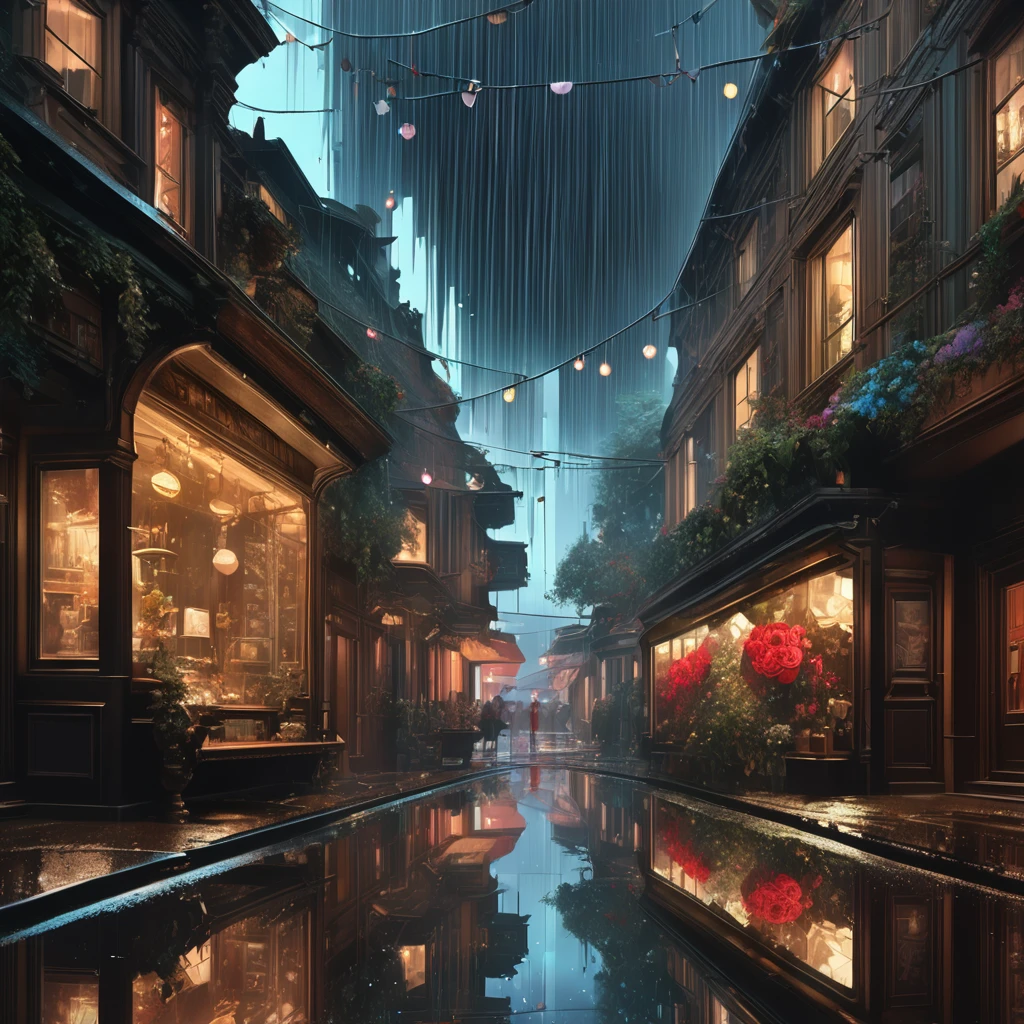 Reflection, aesthetic, extremely detailed, A rose reflecting in a puddle, rain sparkles, a breathtaking masterpiece fantasycore artwork by Android Jones, Rembrandt lighting, Jean Baptiste monge, Alberto Seveso, Erin Hanson, Jeremy Mann. maximalist highly detailed and intricate professional photography, a_masterpiece, 8k resolution concept art, Artstation, Unreal Engine 5, cgsociety octane