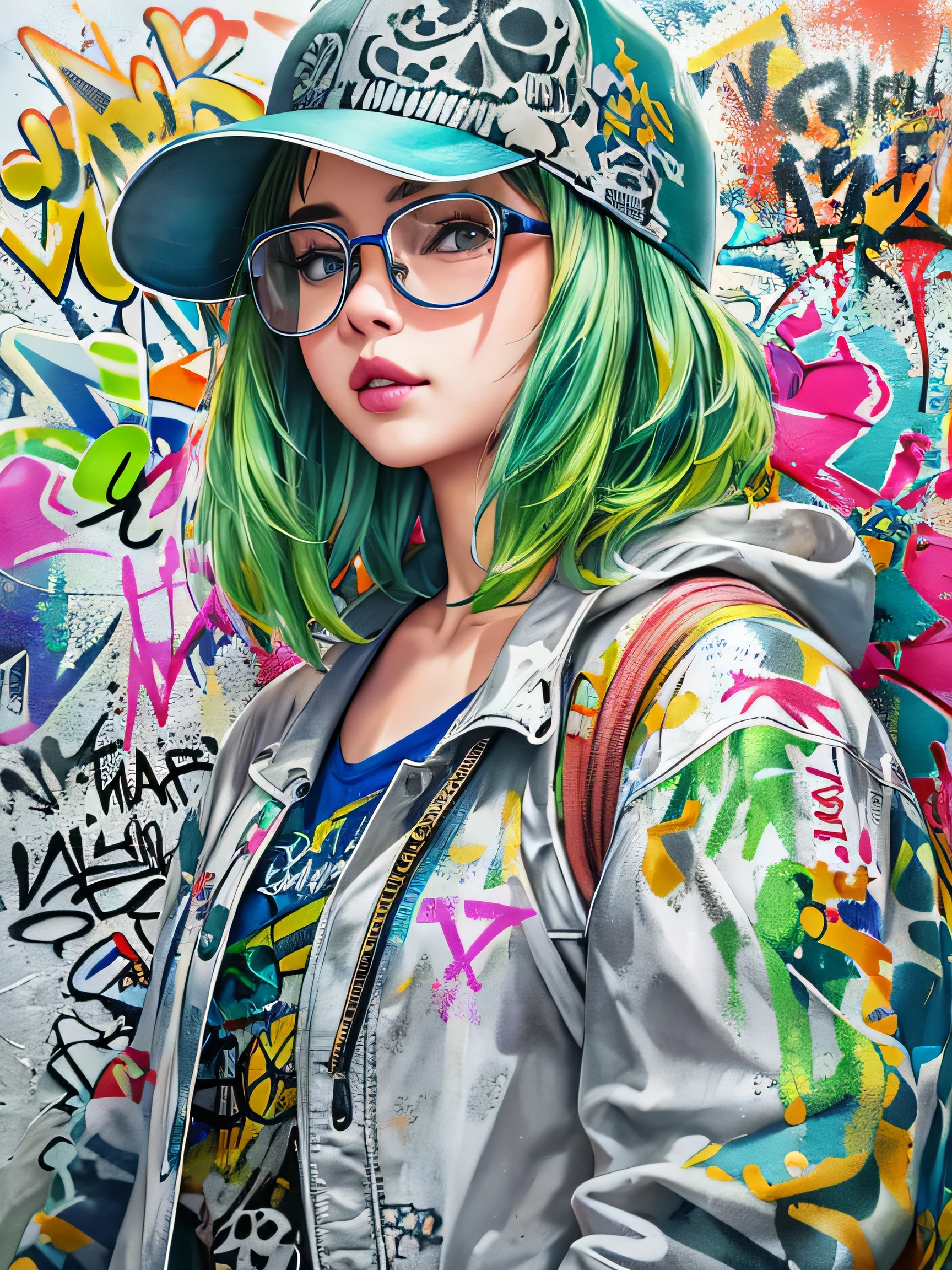 8K quality, watercolor painting, stylish design, (((The strongest beautiful girl of all time))), (((Japanese)))、Idol、clear, stylish glasses, Fashionable hats, (((highest quality))), bob hair, put your hand on the wall, HDR, ((Detailed details)), (((skull fashion))), detailed clothing texture, (((graffiti art))), colorful hair, ((masterpiece))、((Super detailed))