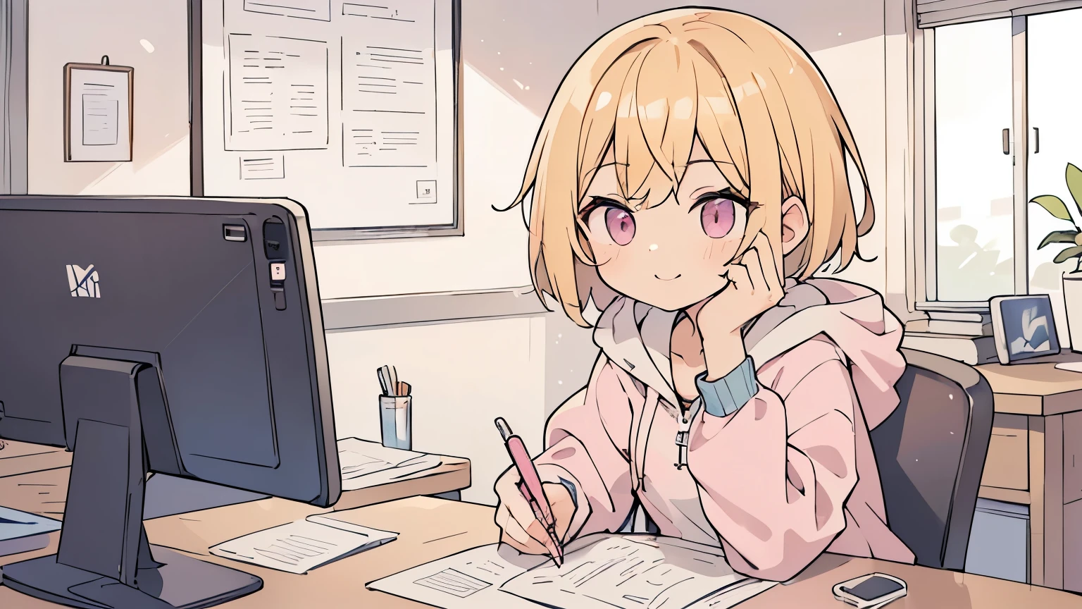(blonde girl with short cut),(((sitting at a desk typing on a computer keyboard))),(((There are documents and pens on the desk.))),(((have a tablet))),(((blue zip hoodie))),(((Pink inner))),(black hot pants),pink eyes,open your mouth, A sloppy smile, Full body Esbian,(Little),((((solo))),(Highest image quality, In 8K, masterpiece, super detail),