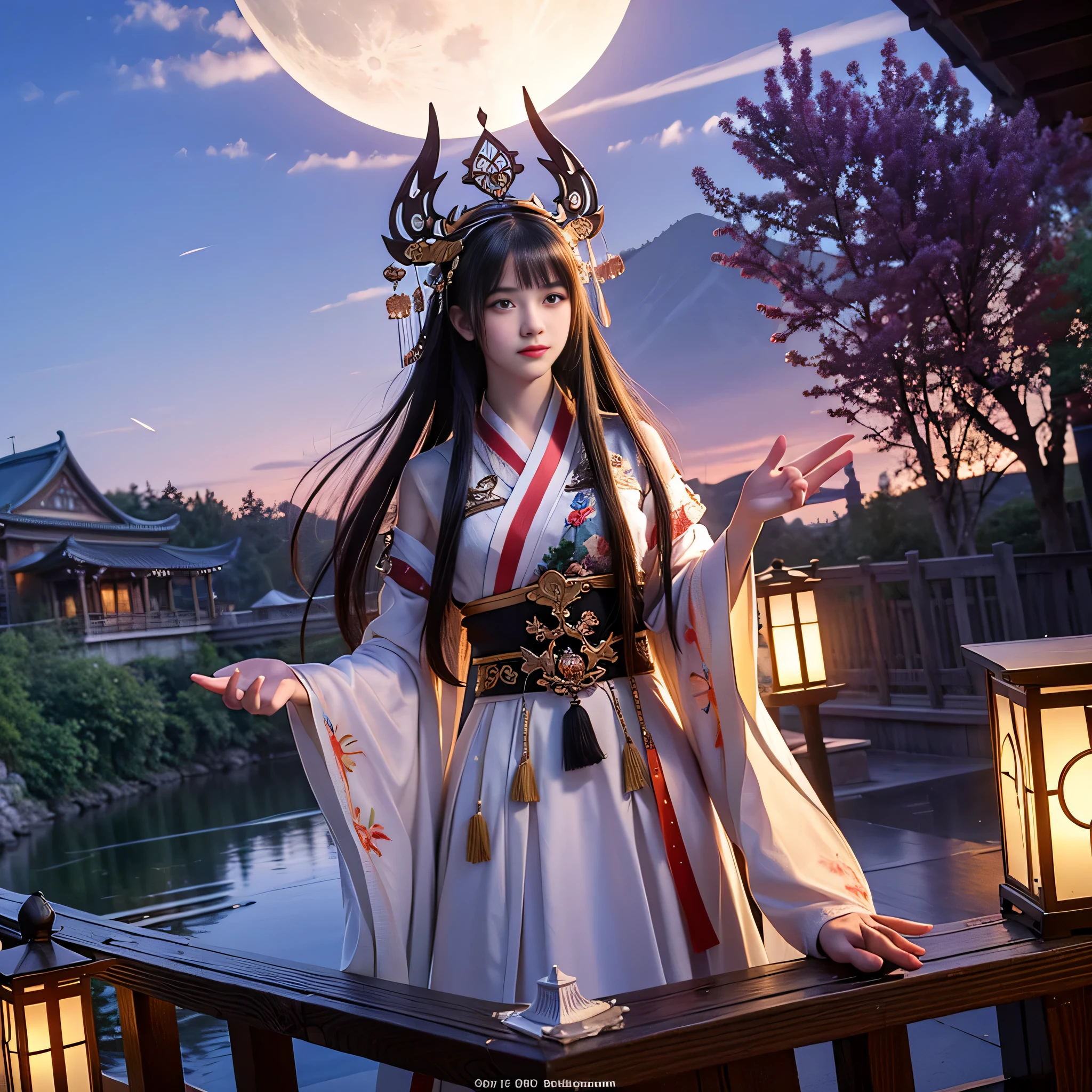 (8K, original photo:1.2), best quality, ultra High resolution, dramatic angle, (fluttered detailed color splashes), (illustration), (((1 girl))), (long hair), (rain: 0.9), (hat: 1.4), There is an ancient palace next to the girl, hanfu, (emphasize), color ink painting, (splash color), splash color, (((color))), (sketch: 0.8), masterpiece, best quality, beautiful painting, High detailed, (Denoise: 0.6), [Splash ink],  ((Ink refraction)), (beautiful sky detailed), moon, High, detailed, (masterpiece, best quality, extremely detailed) CG 8k wallpaper unit, masterpiece, best quality, super detailed), (garlic),