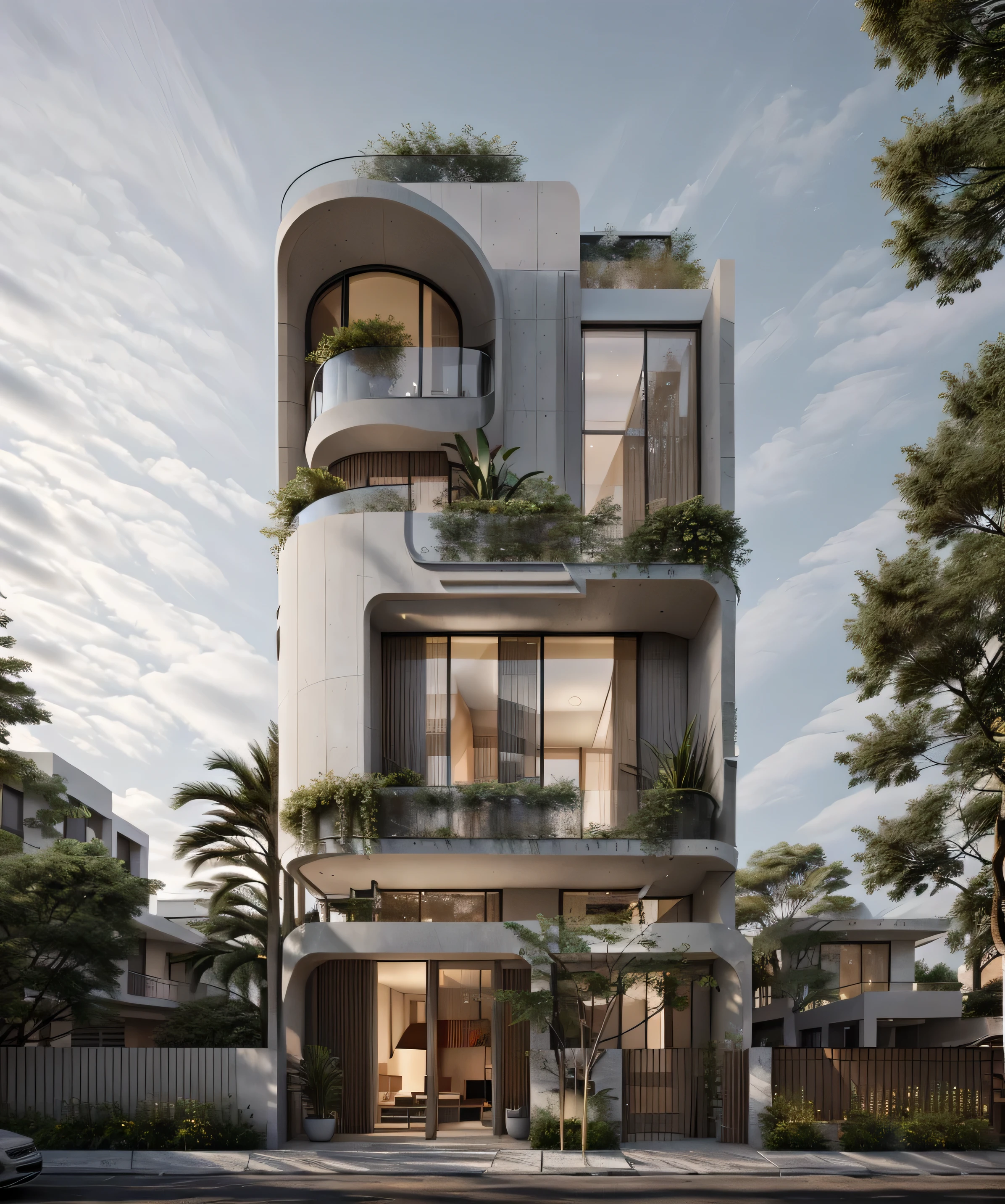 House,glass window, high quality architectural art, architecture art, architectural illustration, contemporary architecture, mono,beautiful and realistic photos, busy surrounding space, realistic trees, surrounding landscape is the city, soft light, late afternoonchrome drawing, realistic architecture, architectural rendering, architectural sketch, in style of zaha hadid architect, architectural concepts, architectural concept, rounded architecture, architecture drawing, artistic drawing, exquisite architecture, beautiful artist rendering, architectural render