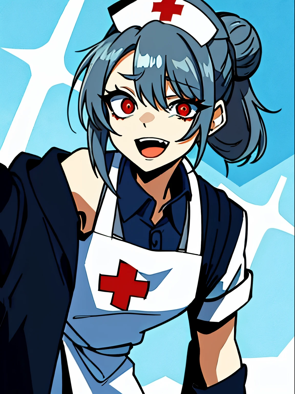 (1girl, solo:1) (masterpiece, best quality:1), ultra-detailed, dark grey hair, red eyes, tied hair, hair bun, nurse headwear, (asymmetrical fringe, asymmetrical pupils, asymmetrical clothes:1), (lab coat, lab coat falling over one shoulder open lab coat:1), white apron, nurse shirt, light blue gloves, dark blue pants, black boots, drugged, open mouth, smile, (Uneven Eyes / Crazy Eyes :0.7)