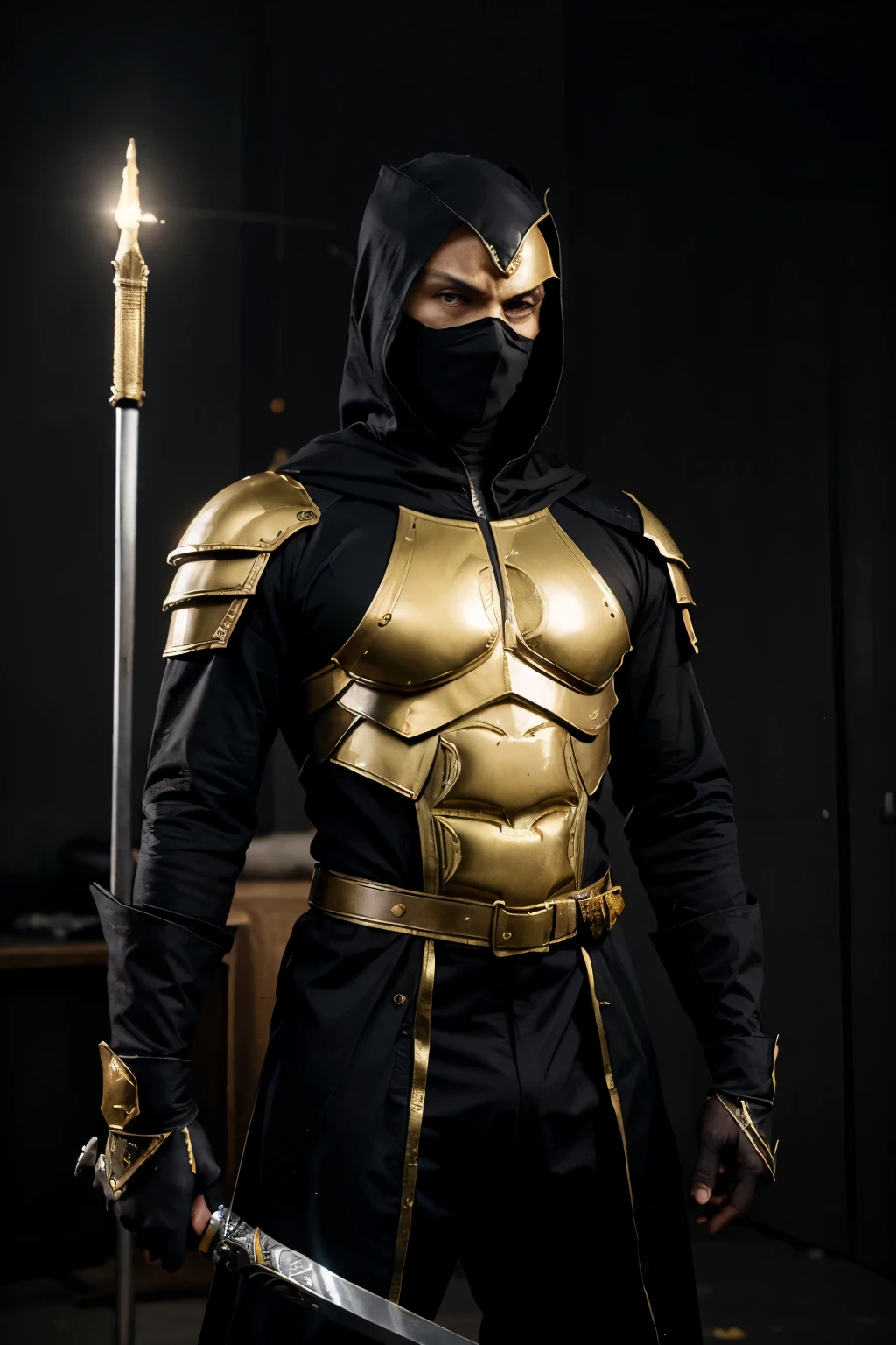 A captivating and mysterious movie poster image of a man standing in front of text that spells "Amadou Deme" WITH DIPERSIONS. He wears a distinctive black and yellow ninja outfit, holding 2 swords in his hand, with a background similar to a metal album cover. The figure's face is hidden in shadow, while his menacing pose exudes a sense of foreboding. The atmosphere is dark and enigmatic, with a feeling of tension and anticipation. The golden letters, floating in the air, emit a mystical energy, further enhancing the supernatural ambiance.