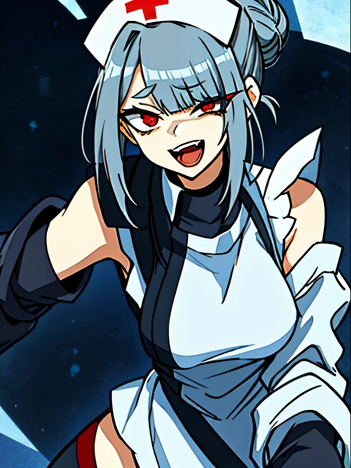 (1girl, solo:1) (masterpiece, best quality:1), ultra-detailed, dark grey hair, red eyes, tied hair, hair bun, nurse headwear, (asymmetrical fringe, asymmetrical clothes:1.4), (lab coat, lab coat falling over one shoulder open lab coat:1), white apron, nurse shirt, light blue gloves, dark blue pants, black boots, drugged, open mouth, smile, (Uneven Eyes / Crazy Eyes :0.7)