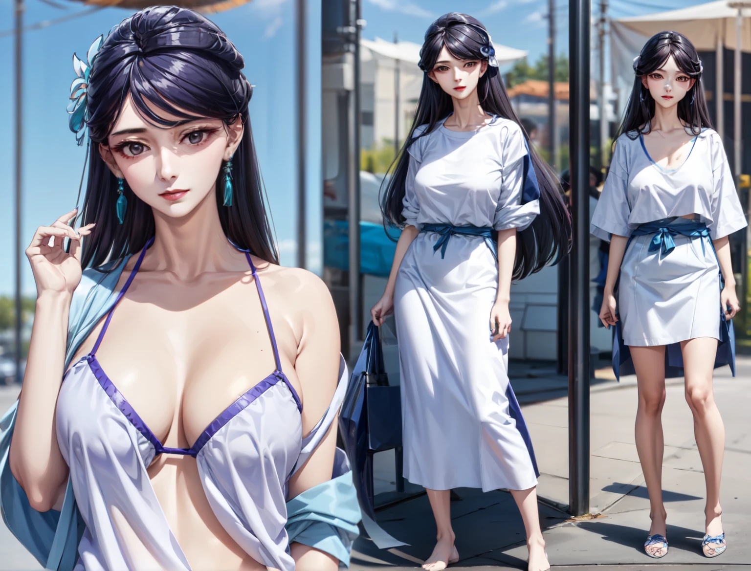 Only one girl is in the picture、big breastedium long hair、purple hair、tiny micro bikini