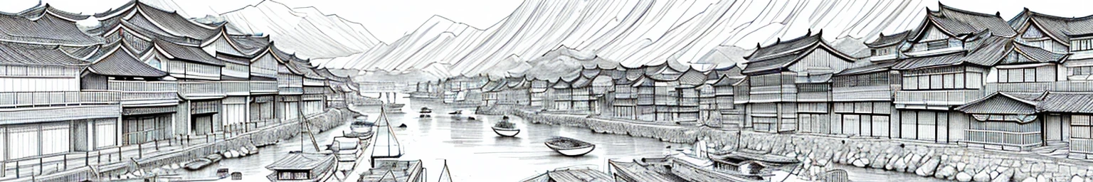 black and white drawing of a river with boats and buildings in it, cg society contest winner, modern european ink painting, chinese brush pen illustration, dreamy chinese town, detailed art, highly detailed illustration, traditional korean city, highly detailed ink illustration, detailed ink illustration, detailed sumi-e illustration