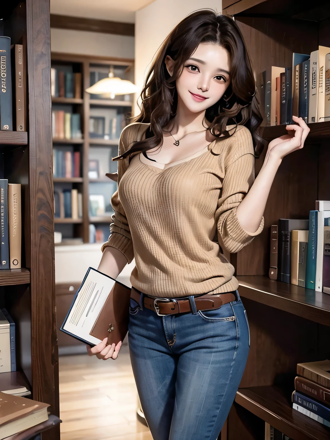 a beautiful woman, curly and voluminous brown hair and brown eyes. Wearing casual clothes. Standing, smiling, holding a book in a library.