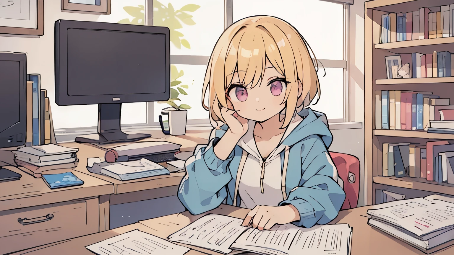 (blonde girl with short cut),(((sitting at a desk typing on a laptop keyboard))),(((There is a monitor, materials, and books on the desk.))),(((have a tablet))),(((blue zip hoodie))),(((Pink inner))),(black hot pants),pink eyes,open your mouth, A sloppy smile, Full body Esbian,(Little),((((solo))),(Highest image quality, In 8K, masterpiece, super detail),