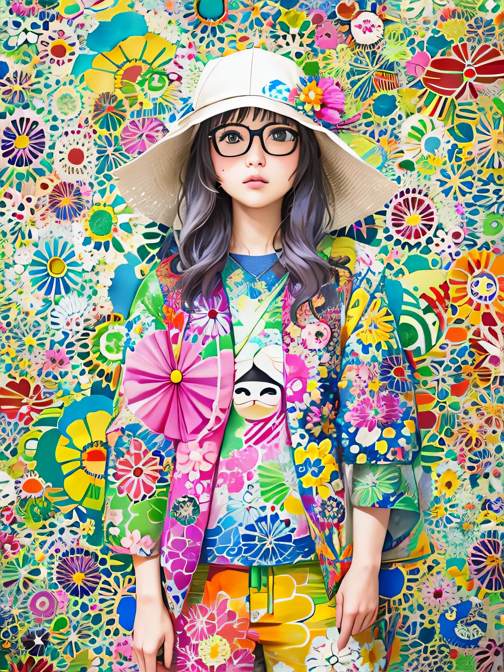 Takashi Murakami style、8K quality, watercolor painting, stylish design, (((The strongest beautiful girl of all time))), (((Japanese)))、Idol、Yuriko Yoshitaka、clear, stylish glasses, Fashionable hats, (((highest quality))), bob hair, put your hand on the wall, HDR, ((Detailed details)), stylish fashion, detailed clothing texture, (((graffiti art))), colorful hair, ((masterpiece))、((Super detailed))、colorful flowers
