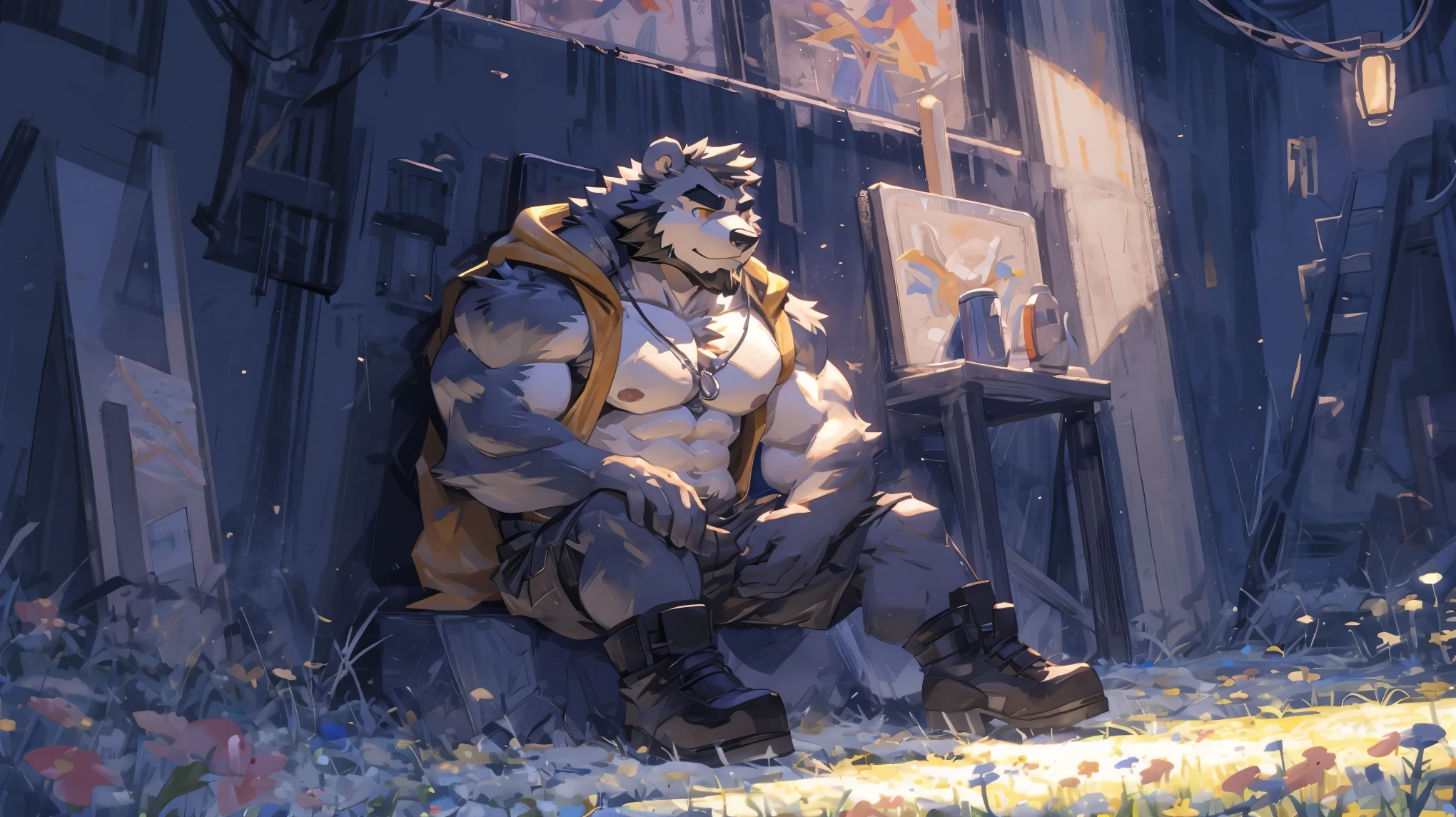 (masterpiece:1.2), best quality,pixiv,official art,perfect anatomy, (Ray tracing, light),solo, (1_male:1.3) , (muscle), (gray fur:1.4), (muscle bear), (beard:1.2), (gleaming golden eyes), Thick eyebrows, open hoodie, naked inside, cargo shorts, boots, portrait, morning, flower field, sitting down