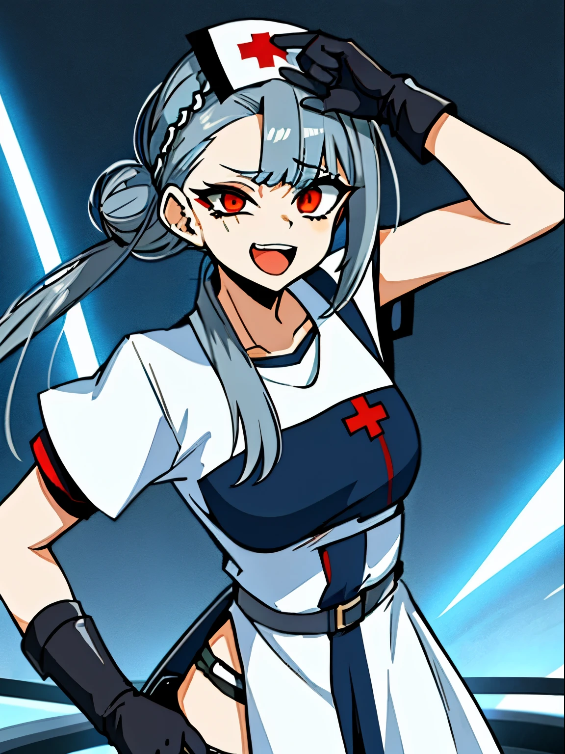 (1girl, solo:1) (masterpiece, best quality:1), ultra-detailed, dark grey hair, red eyes, tied hair, hair bun, nurse headwear, (asymmetrical fringe, asymmetrical clothes:1.4), (lab coat, lab coat falling over one shoulder open lab coat:1), white apron, nurse shirt, light blue gloves, dark blue pants, black boots, drugged, open mouth, smile, (Uneven Eyes / Crazy Eyes :0.7)