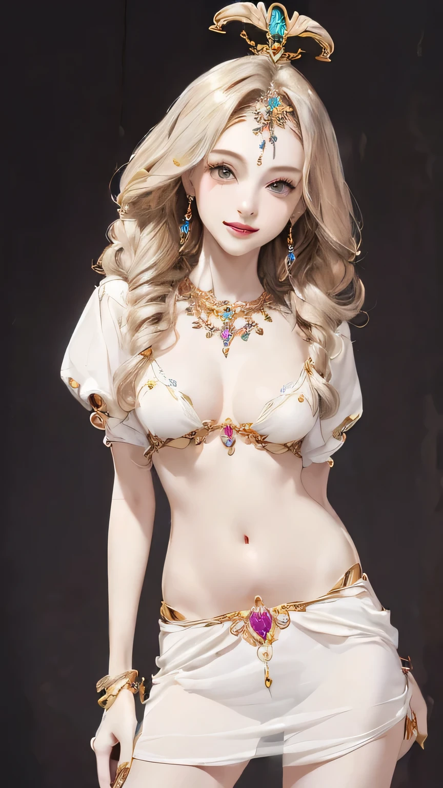 (((masterpiece))),((highest quality)),one beautiful girl,pale, (gem anthropomorphic character: 1.5), (jewelry hair:1.5)、(smile 1.5)、(belly button)、((jewelry clothes:1.5)),(private server), (exposure of skin),(Mine background:1.5).(((from the front:1.5)))、(straight front: 1.5)、(standing in a mine:1.5)、