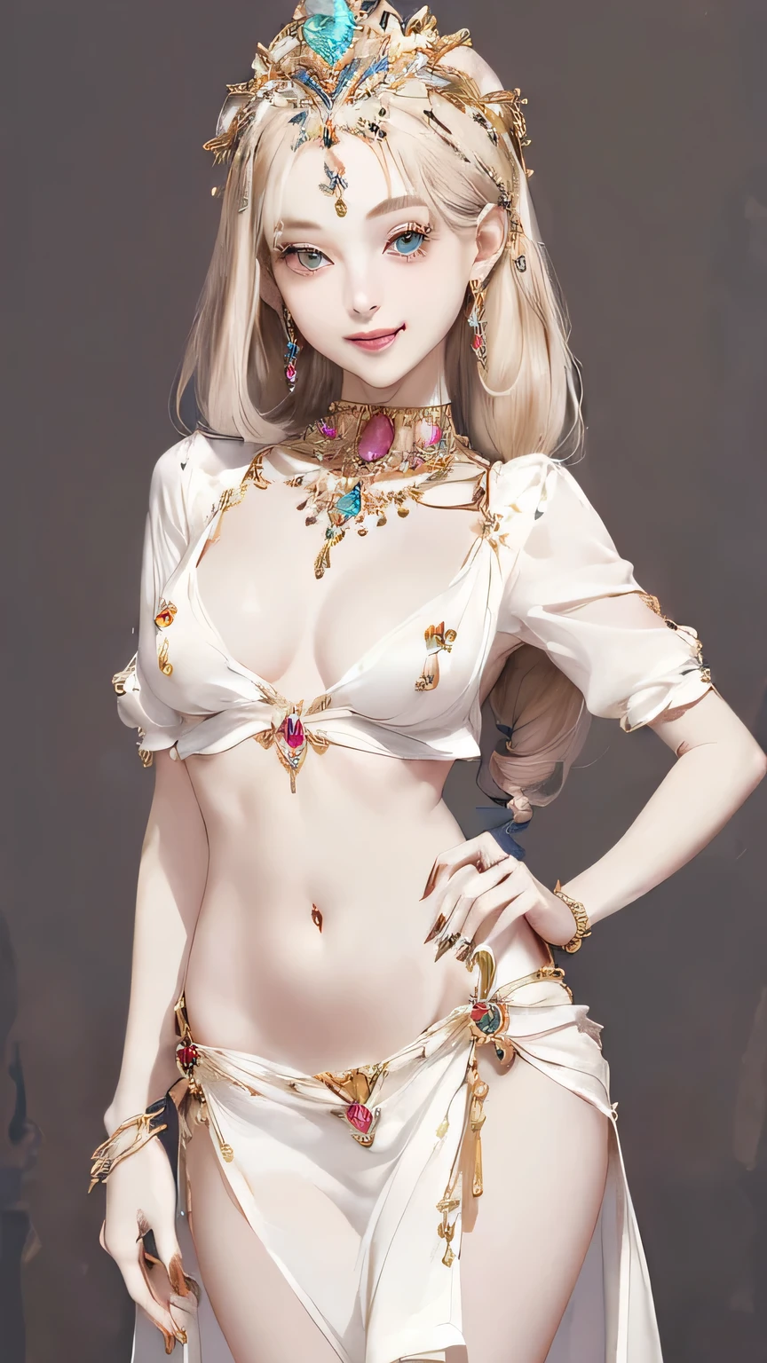 (((masterpiece))),((highest quality)),one beautiful girl,pale, (gem anthropomorphic character: 1.5), (jewelry hair:1.5)、(smile 1.5)、(belly button)、((jewelry clothes:1.5)),(private server), (exposure of skin),(Mine background:1.5).(((from the front:1.5)))、(straight front: 1.5)、(standing in a mine:1.5)、