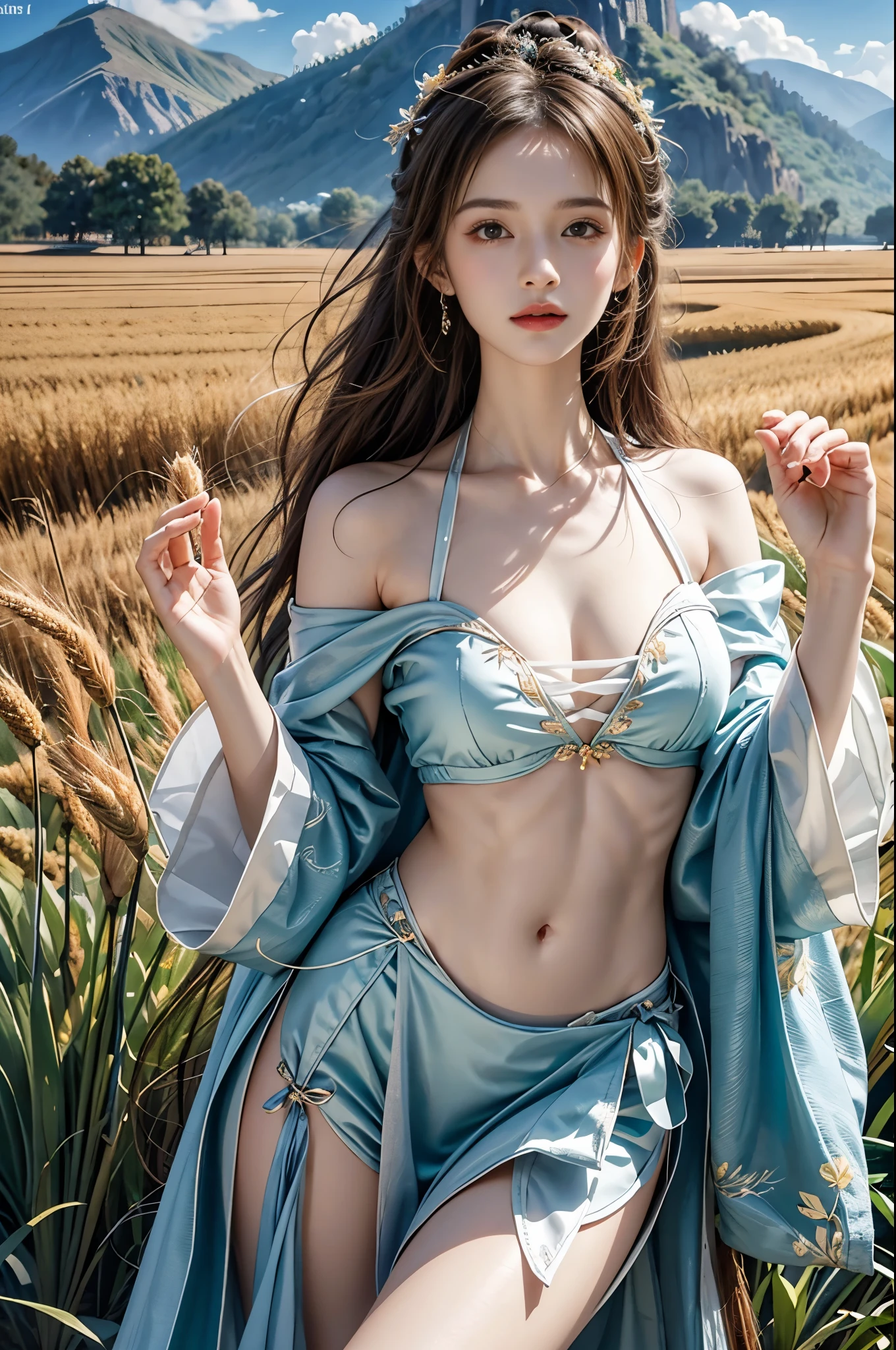 panties,underwear,see-through,sitting,skirt,pink panties,covered nipples,meadow, masterpiece,best quality,high质量,high清晰度,high质量的纹理,high质量的阴影,high细节,beautiful details,fine details,Extremely detailed CG,Detailed texture,lifelike的面部表现,lifelike的,rich and colorful,exquisite,sharp focus,(intricate detailake up,PureErosFace_V1:0.5),(细节美exquisite脸,(细节美exquisite眼睛),Perfect比例的脸,highDetails of the skin,Details of the skin,Four fingers and one thumb in optimal proportions,emaciated:1.3),1 girl,17 years old,high,(光滑的abdominal muscles:1.55),(abdominal muscles:0.5),pretty,Perfect,high,((Big breasts, plump breasts, cleavage)), ((bare shoulders)), ((The skirt is short)), (long legs),(straight legs),(thin waist),((White skin)),White skin,((White skin)),(emma watson),Big breasts,((Caucasian)),light blonde hair,Stand with legs apart,looking at the audience,whole body,Portrait of cute blonde girl,((Standing in the wheat field,Look into the distance)),bloom,orange mist,sports,Wisps of hair,lifelike,high品质渲染,amazing art,high品质,film texture,Fujifilm XT3,dream