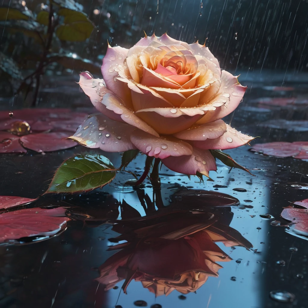 Reflection, aesthetic, extremely detailed, A rose reflecting in a puddle, rain sparkles, a breathtaking masterpiece fantasycore artwork by Android Jones, Rembrandt lighting, Jean Baptiste monge, Alberto Seveso, Erin Hanson, Jeremy Mann. maximalist highly detailed and intricate professional photography, a_masterpiece, 8k resolution concept art, Artstation, Unreal Engine 5, cgsociety octane