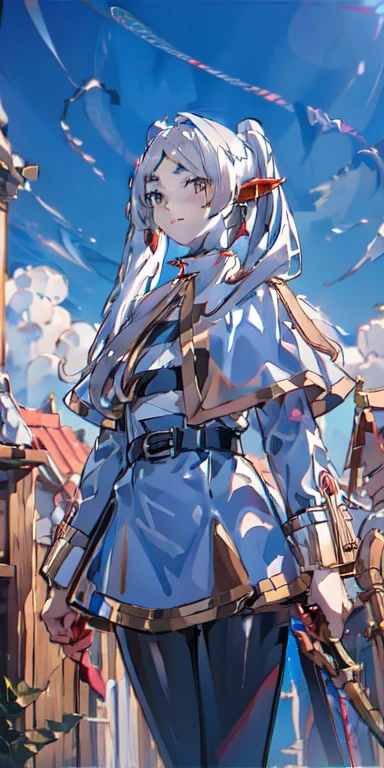 Master, Elf girl, FrierenBase, twintails, earrings, white capelet, striped shirt, white skirt, long sleeves, belt, black pantyhose, red wands with gold crescent and ruby on the top, 18 century Germen style Buildings and street, blue sky with white cloud