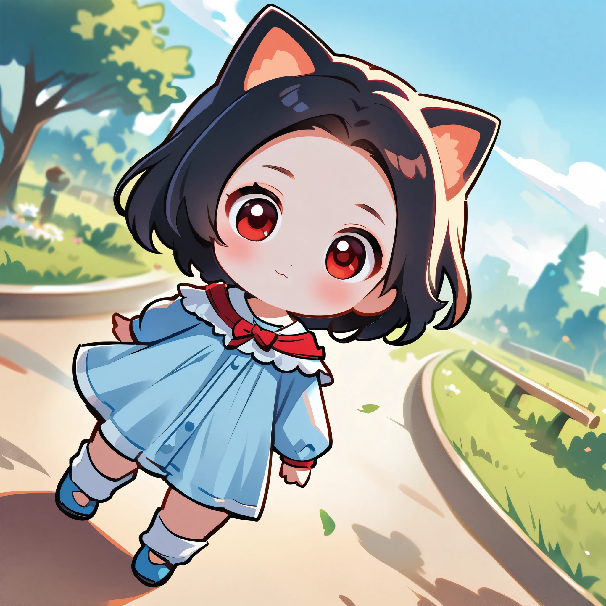 ((anime chibi style)), cute looking kitten with adorable eyes in the park, dynamic angle, depth of field