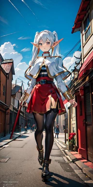 Master, Elf girl, FrierenBase, twintails, earrings, white capelet, striped shirt, white skirt, long sleeves, belt, black pantyhose, red wands with gold crescent and ruby on the top, 18 century Germen style Buildings and street, blue sky with white cloud