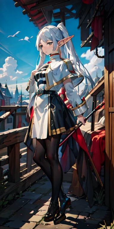 Master, Elf girl, FrierenBase, twintails, earrings, white capelet, striped shirt, white skirt, long sleeves, belt, black pantyhose, red wands with gold crescent and ruby on the top, 18 century Germen style Buildings and street, blue sky with white cloud