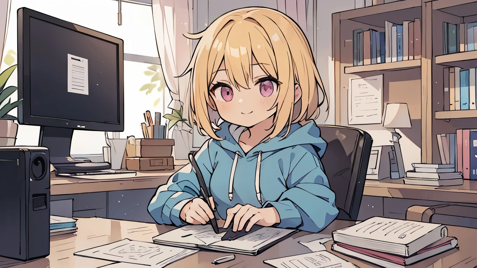 (blonde girl with short cut),(((sitting at a desk typing on a laptop keyboard))),(((There is a monitor, materials, and books on the desk.))),(((have a tablet))),(((blue zip hoodie))),(((Pink inner))),(black hot pants),pink eyes,open your mouth, A sloppy smile, Full body Esbian,(Little),((((solo))),(Highest image quality, In 8K, masterpiece, super detail),