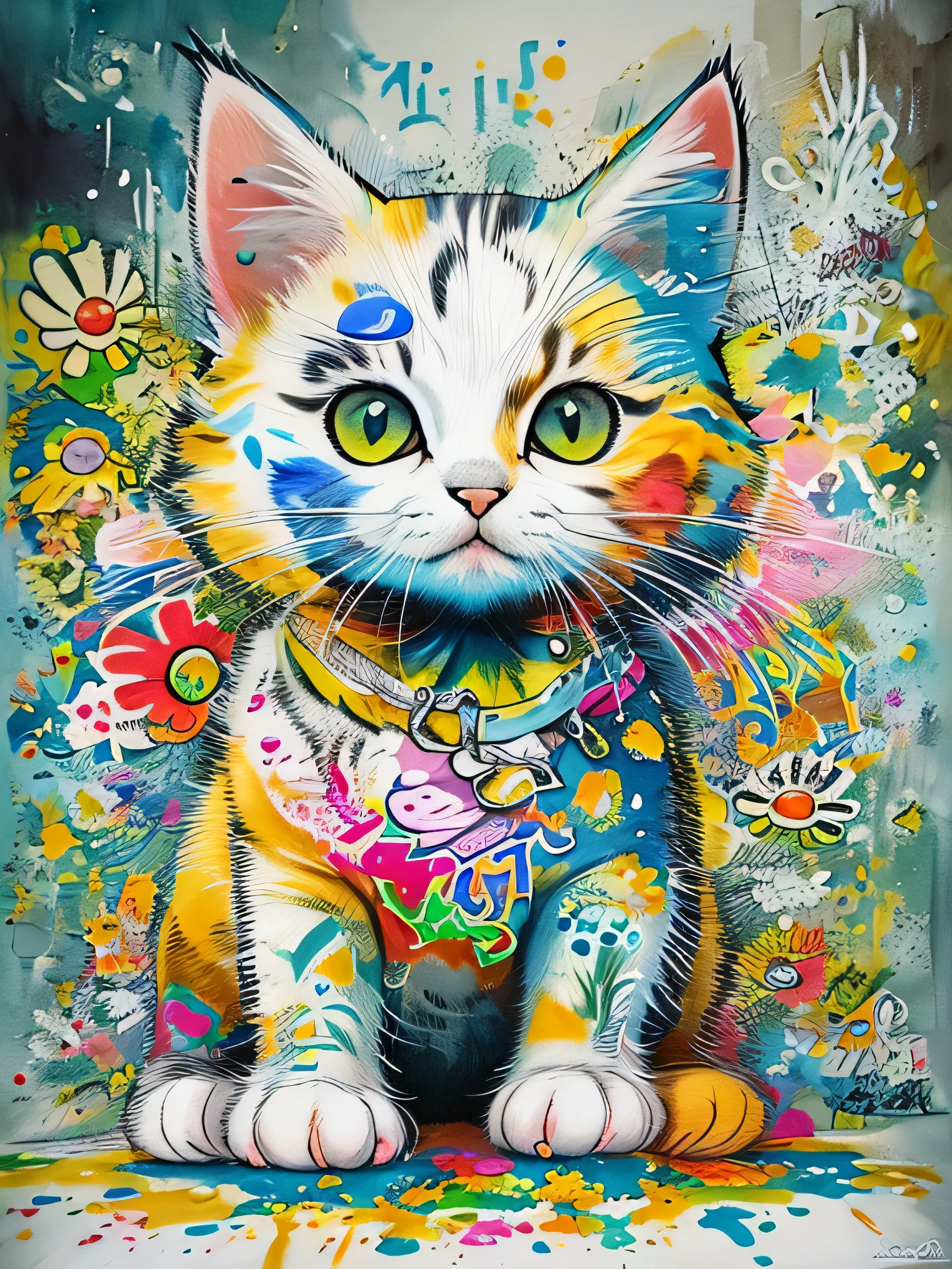 8K quality, Takashi murakami&#39;illustration of, intense watercolor, watercolor detailed art, watercolor splash, surreal, avant-garde pop art, Beautiful and expressive paintings, 美しいアートワークillustration of, very colorful tones, wonderful, cool beauty, highest quality,official art, vector art,stylish design, (((1 cute kitten))), (((highest quality))), HDR, ((Detailed details)), (((graffiti art))), ((masterpiece))、((Super detailed))、(((colorful flowers)))、