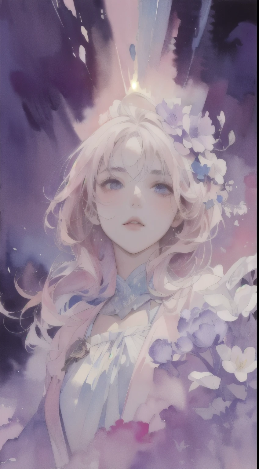 1 girl,flower, Platycodon ,light pink和浅蓝色的风格, Fantasy and romantic works, light pink, ethereal leaves, Interesting arrangement,fantasy, high contrast, ink strokes, explode, overexposure, Impressions of purple and red tones , Abstract, ((Watercolors by John Birkey and Jeremy Mann )) brush strokes, negative space,