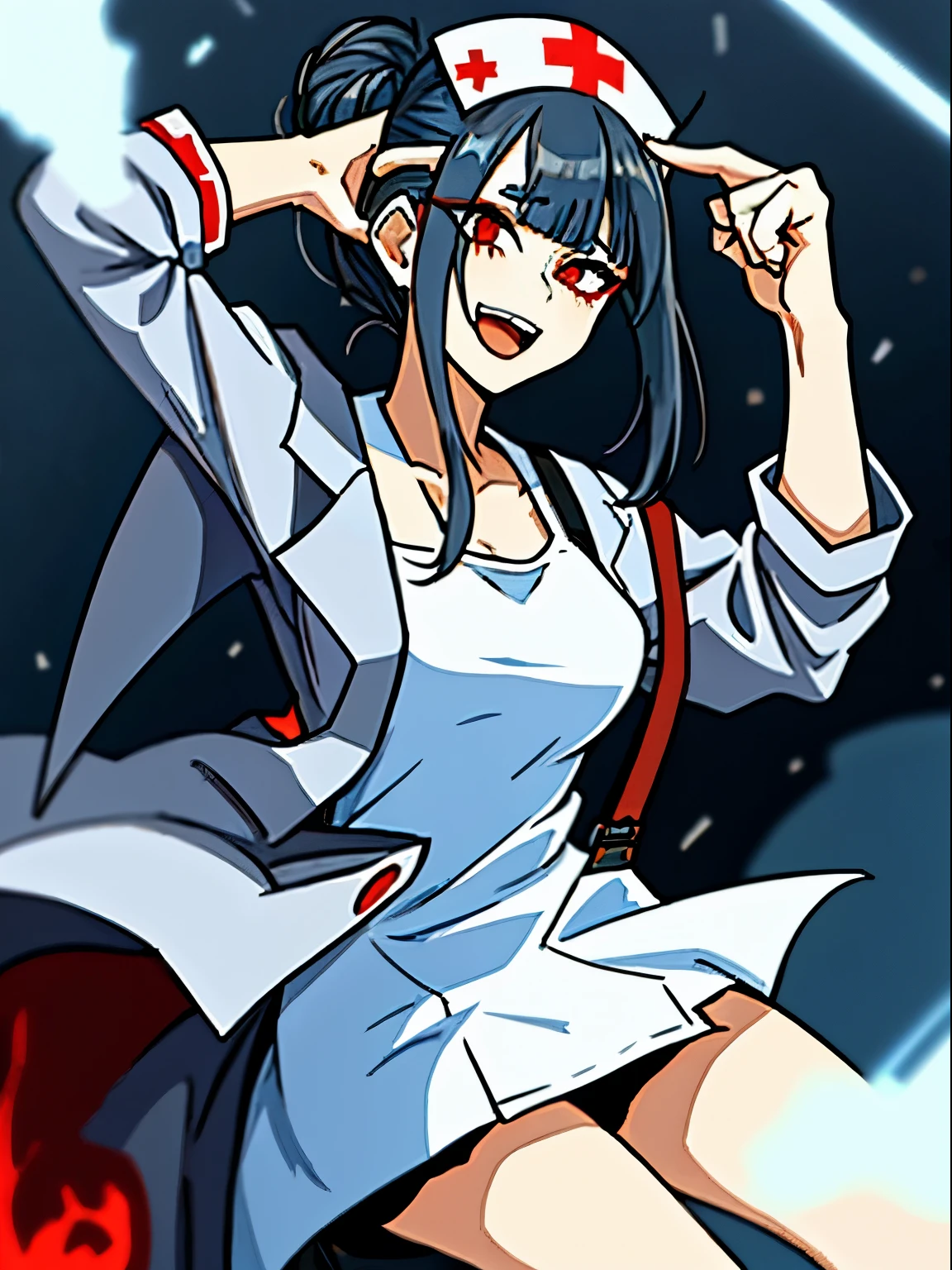 (1girl, solo:1) (masterpiece, best quality:1), ultra-detailed, dark grey hair, red eyes, tied hair, hair bun, nurse headwear, bangs, (asymmetrical fringe, uneven clothes:1.6), (lab coat, lab coat falling over one shoulder open lab coat:1.4), white apron, nurse shirt, light blue gloves, dark blue pants, black boots, drugged, open mouth, smile, (Uneven Eyes / Crazy Eyes :0.7)