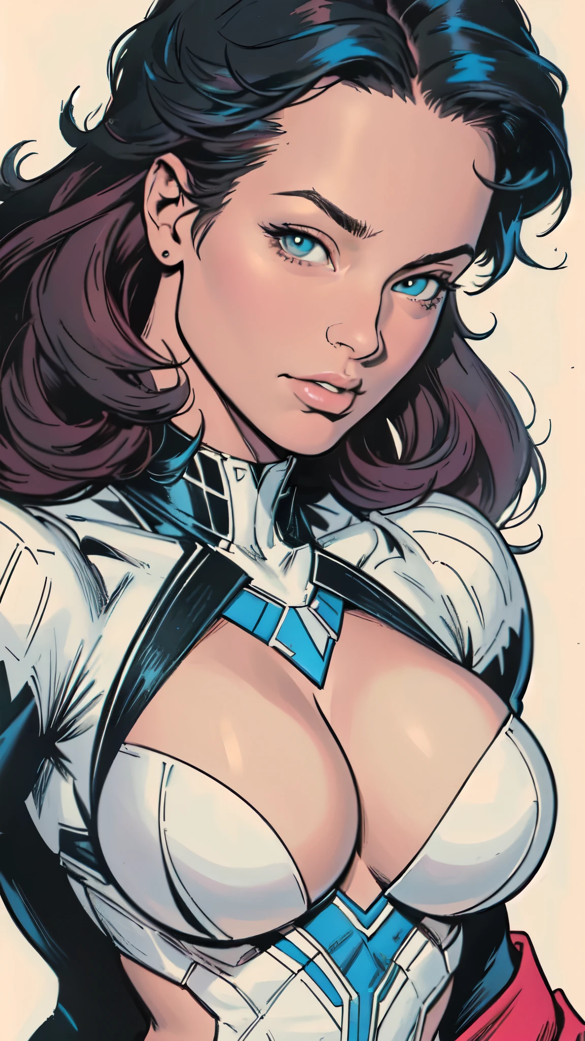 masterpiece,extremely beautiful woman,Excellent sense,cleavage,(((((perfect simple background))))),American Comics,completely alone,speech bubble