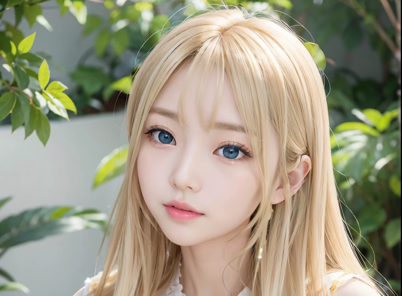 ultimate beautiful face、bright look、small face beauty、((Super long silky blonde hair that shines in gold))、hair play、Long bangs on the face,、16 year old adorable beautiful girl、white and beautiful skin、glowing skin、cheek gloss、gross face、Very bright pale marine blue eyes、Big eyes、With a round face、beautiful face、big breasts、